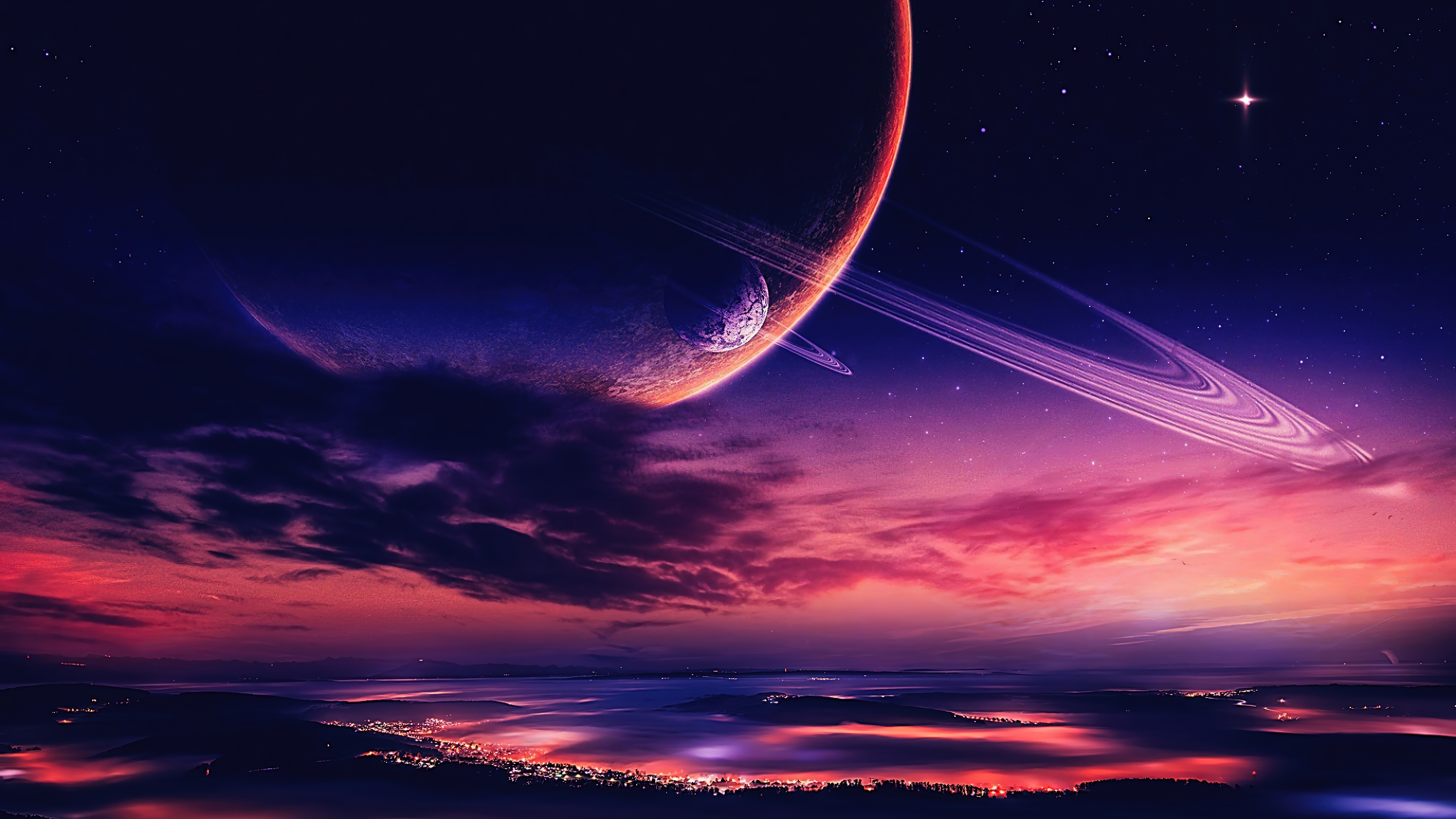 Planet with Rings in a Night Sky 4K HD Wallpaper