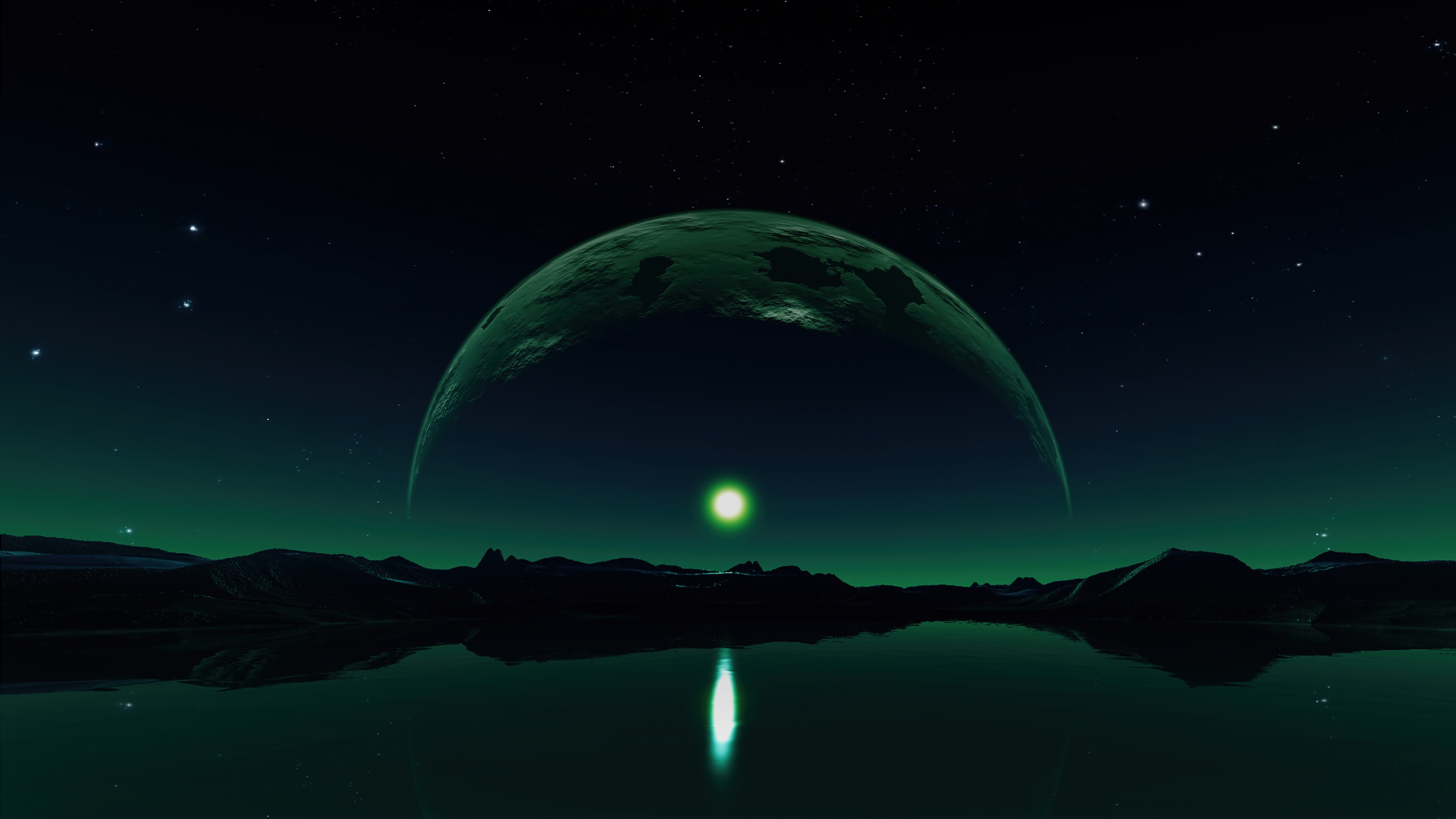 Alien Planet Landscape with Moon and Stars 4K HD Wallpaper