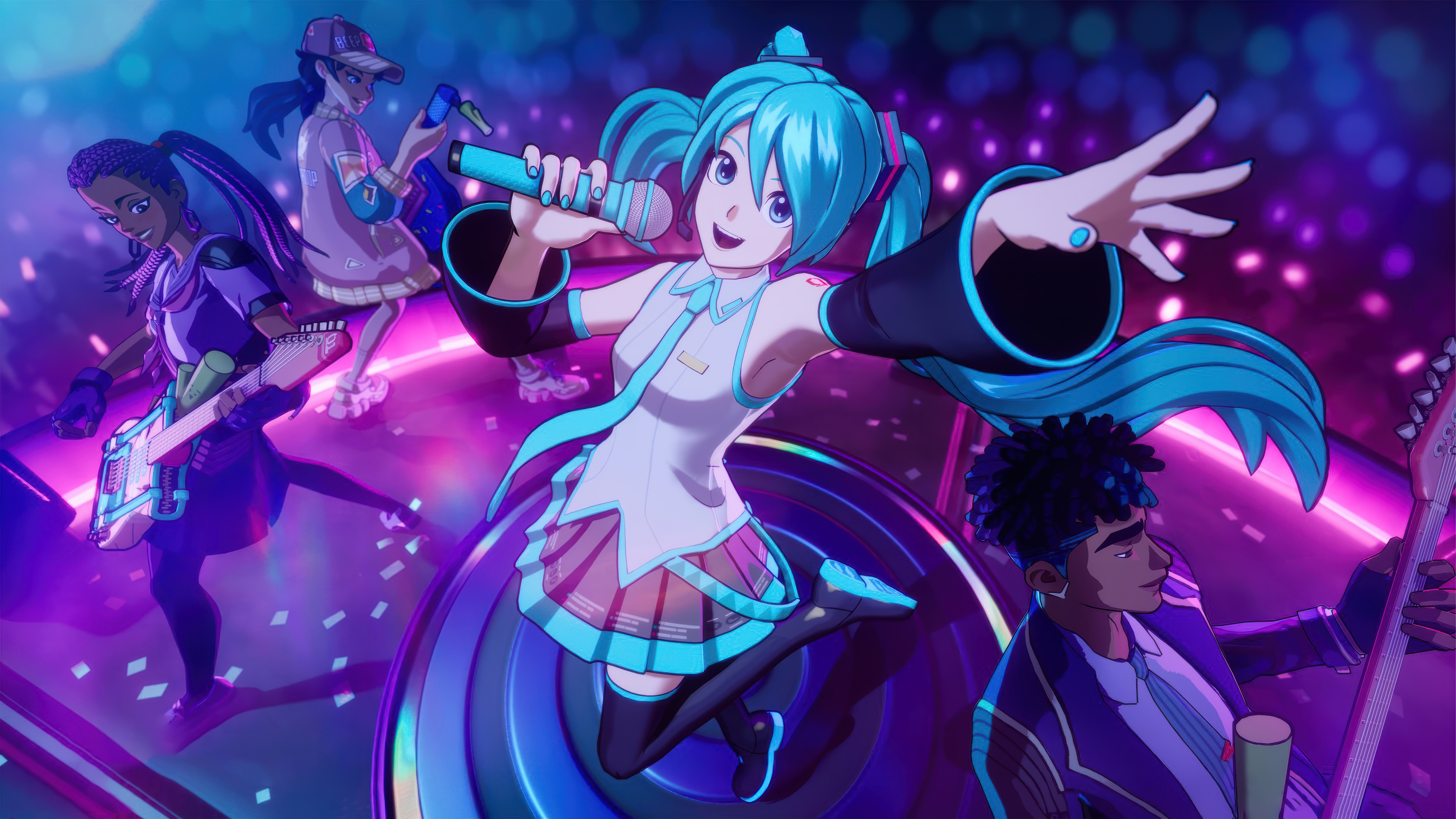 Hatsune Miku and friends performing at a festival HD Wallpaper