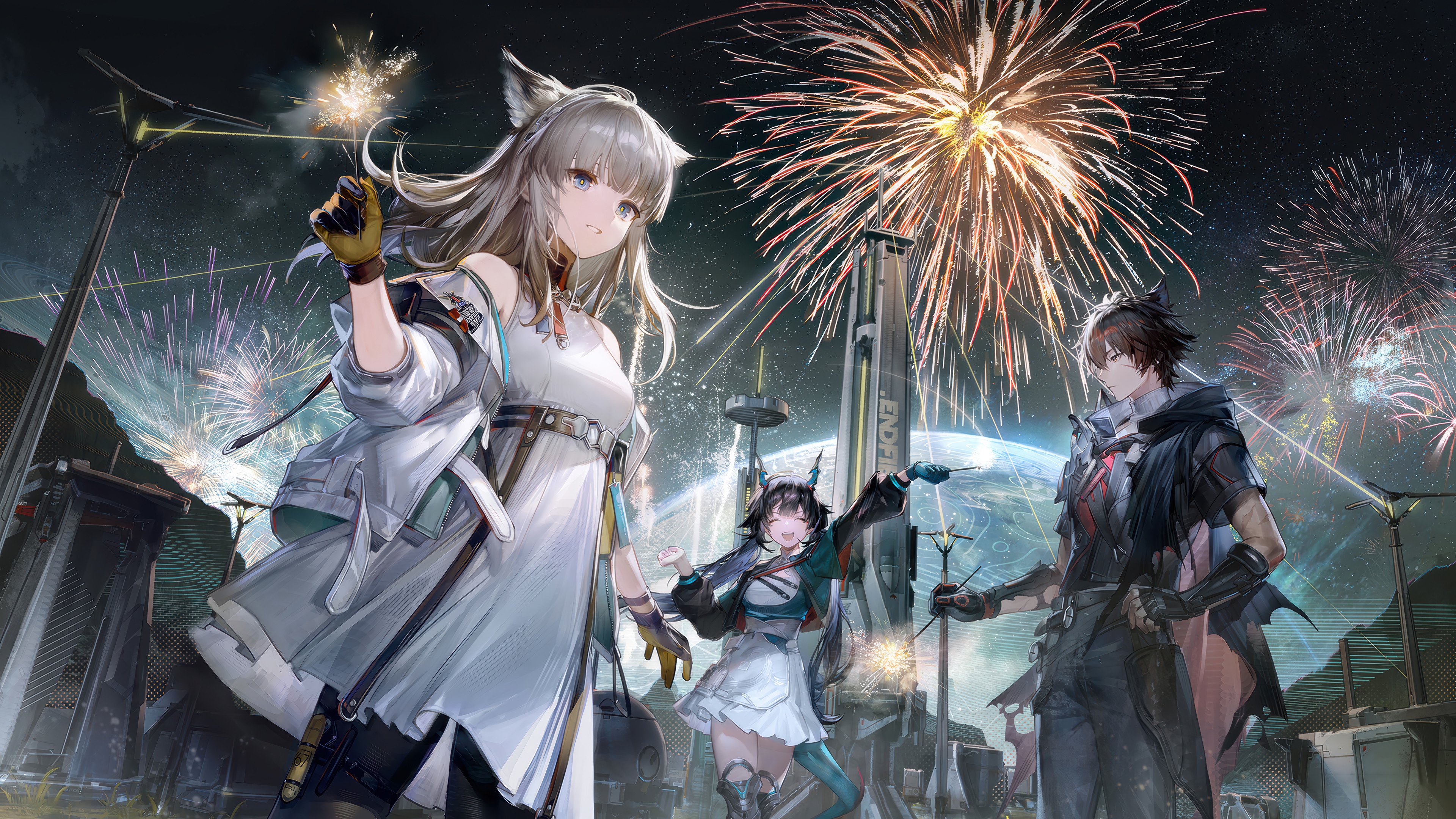Arknights: Endfield Characters Celebrate New Year with Fireworks HD Wallpaper