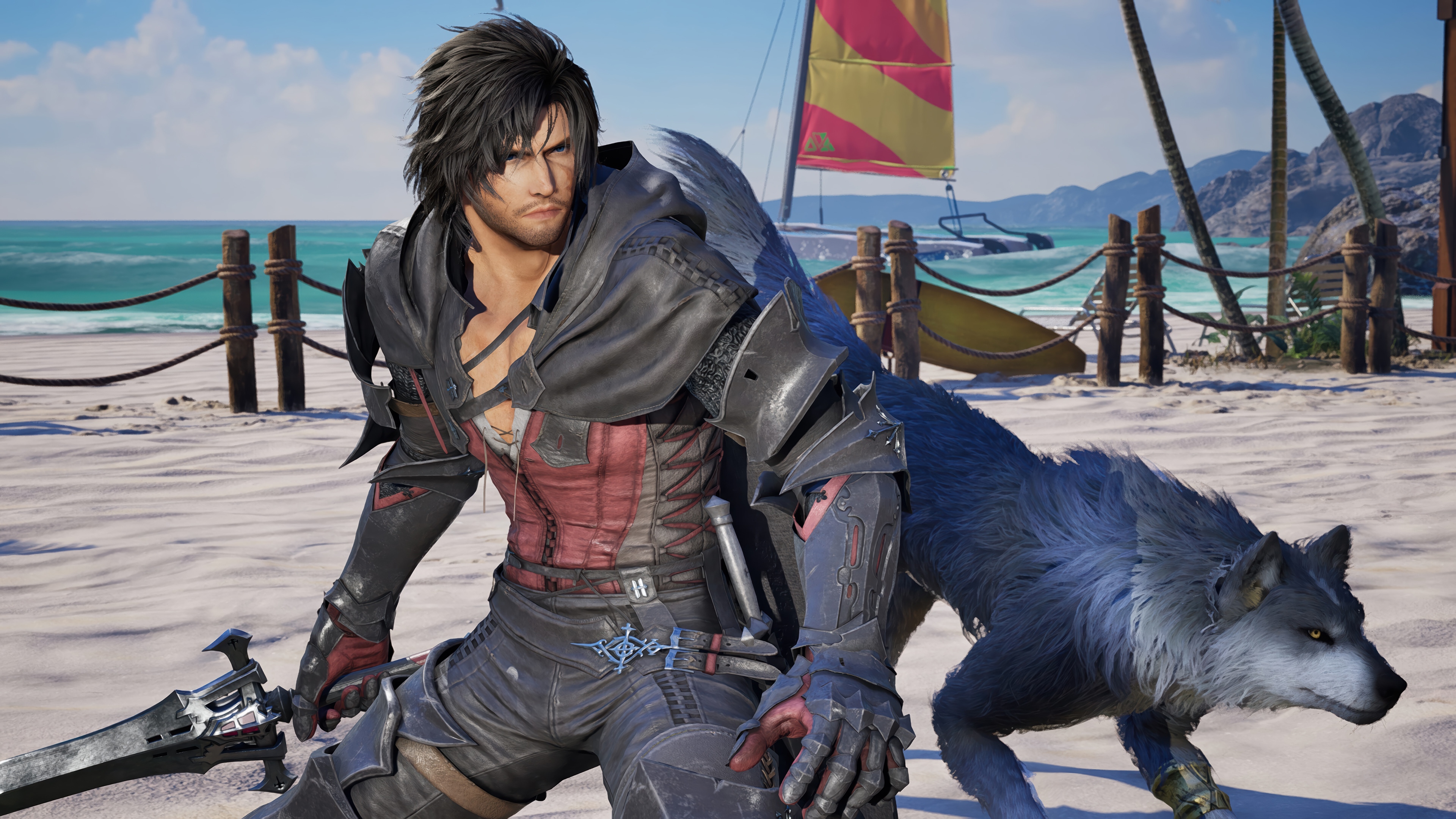 Clive Rosefield and wolf on a beach HD Wallpaper