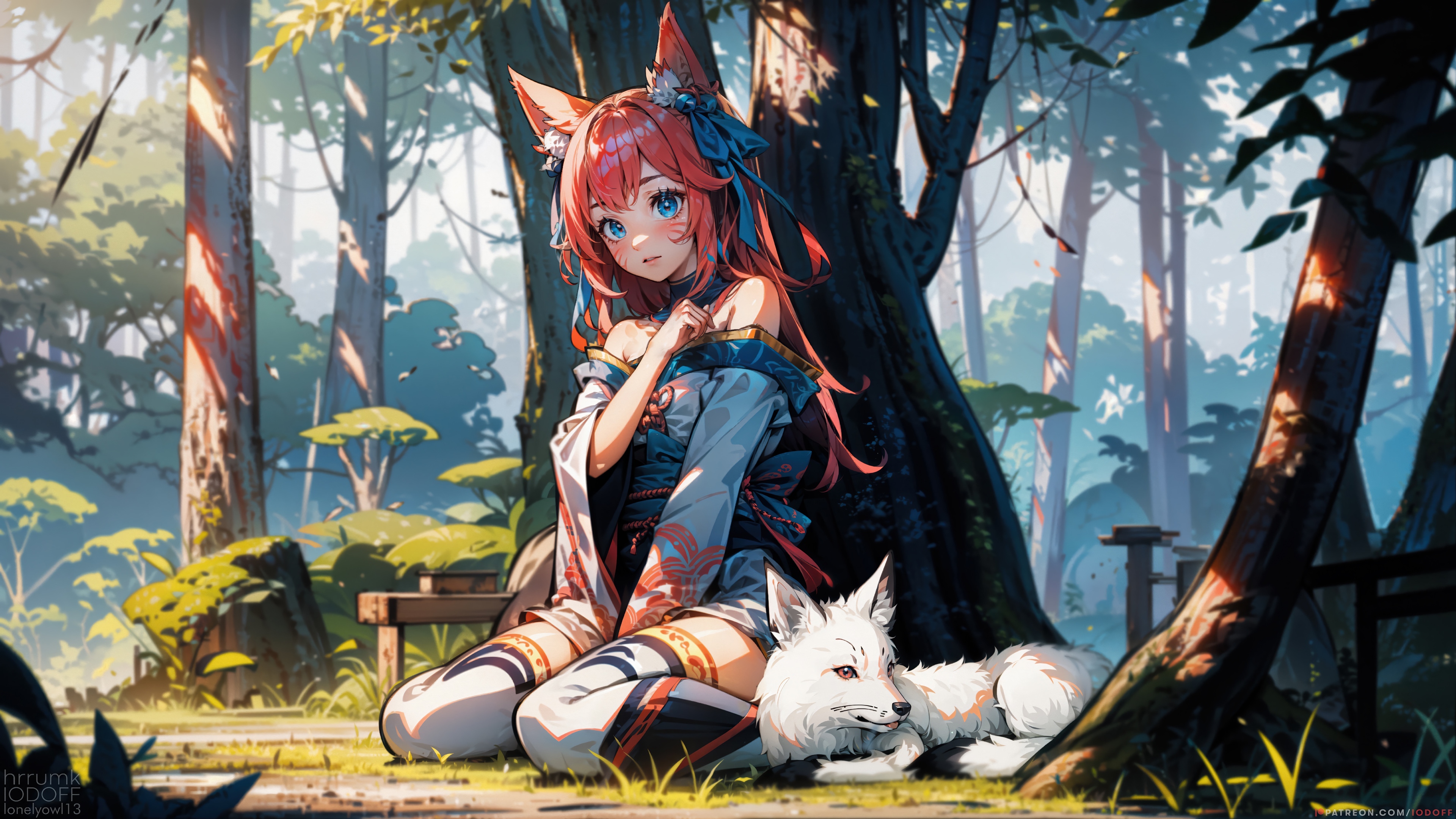 Ahri and a fox in a forest 4K HD Wallpaper