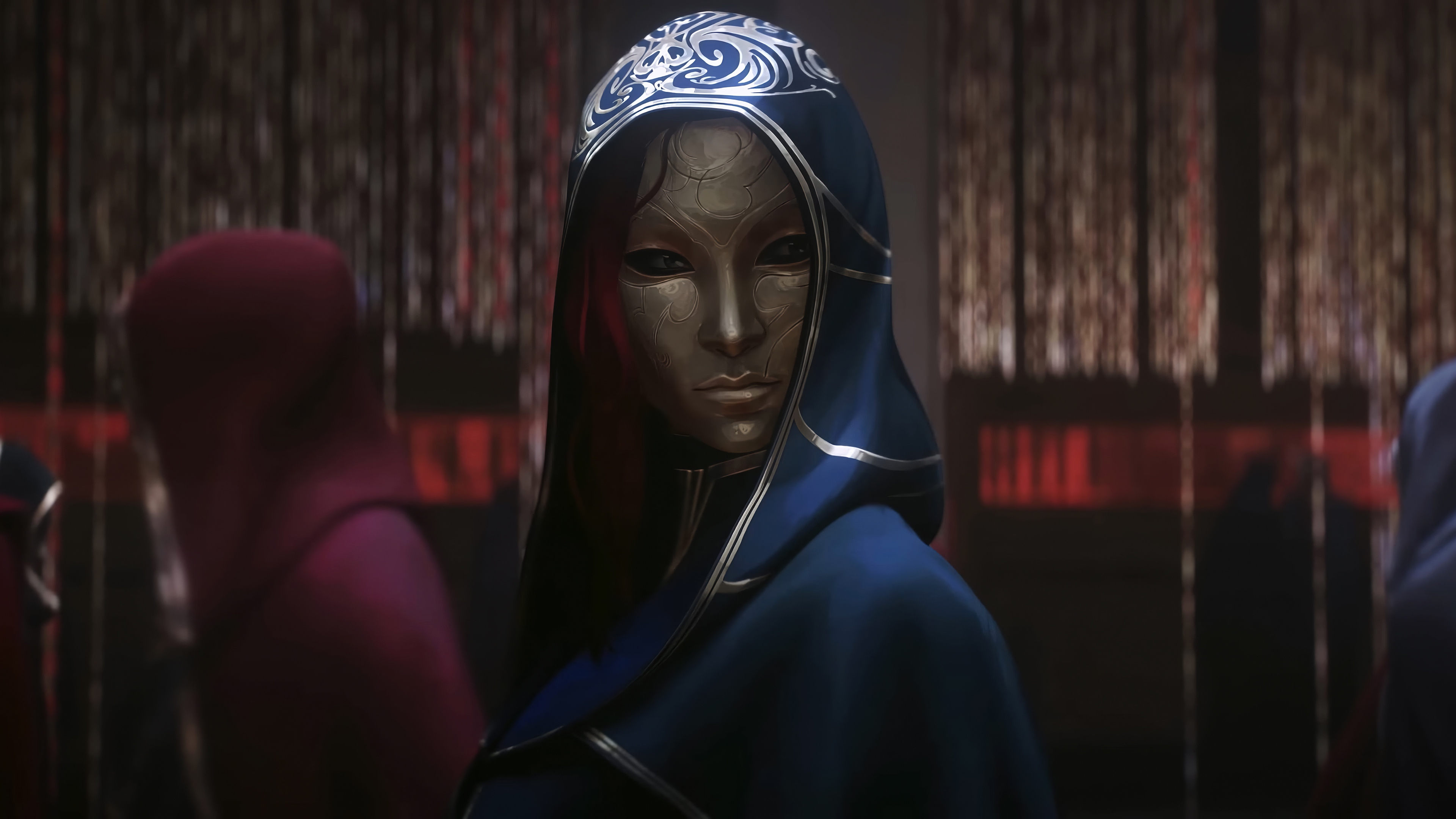 Katarina in a blue hood with a golden mask, 4K HD Wallpaper