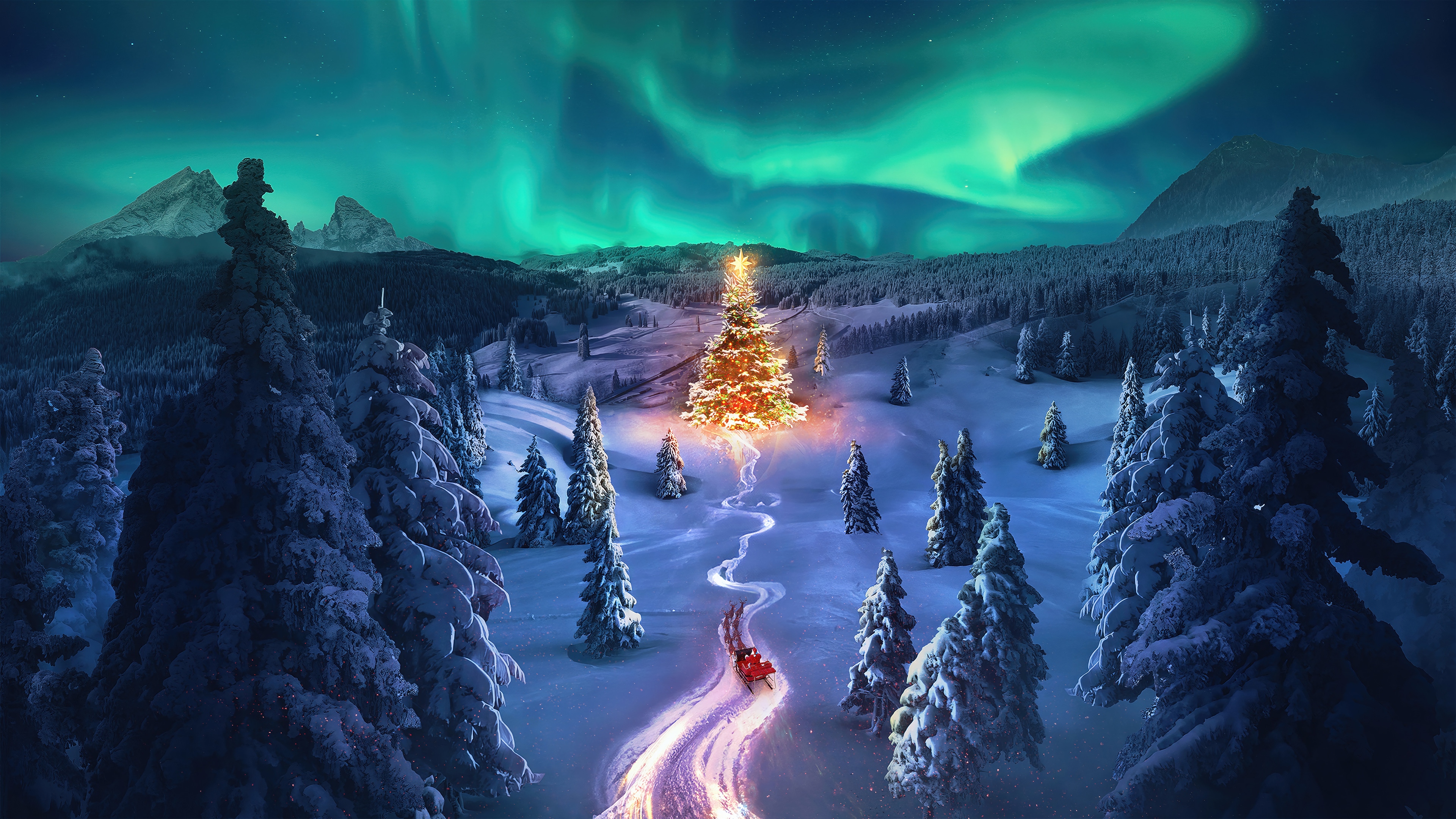 Christmas Tree and Sleigh under Northern Lights 4K HD Wallpaper