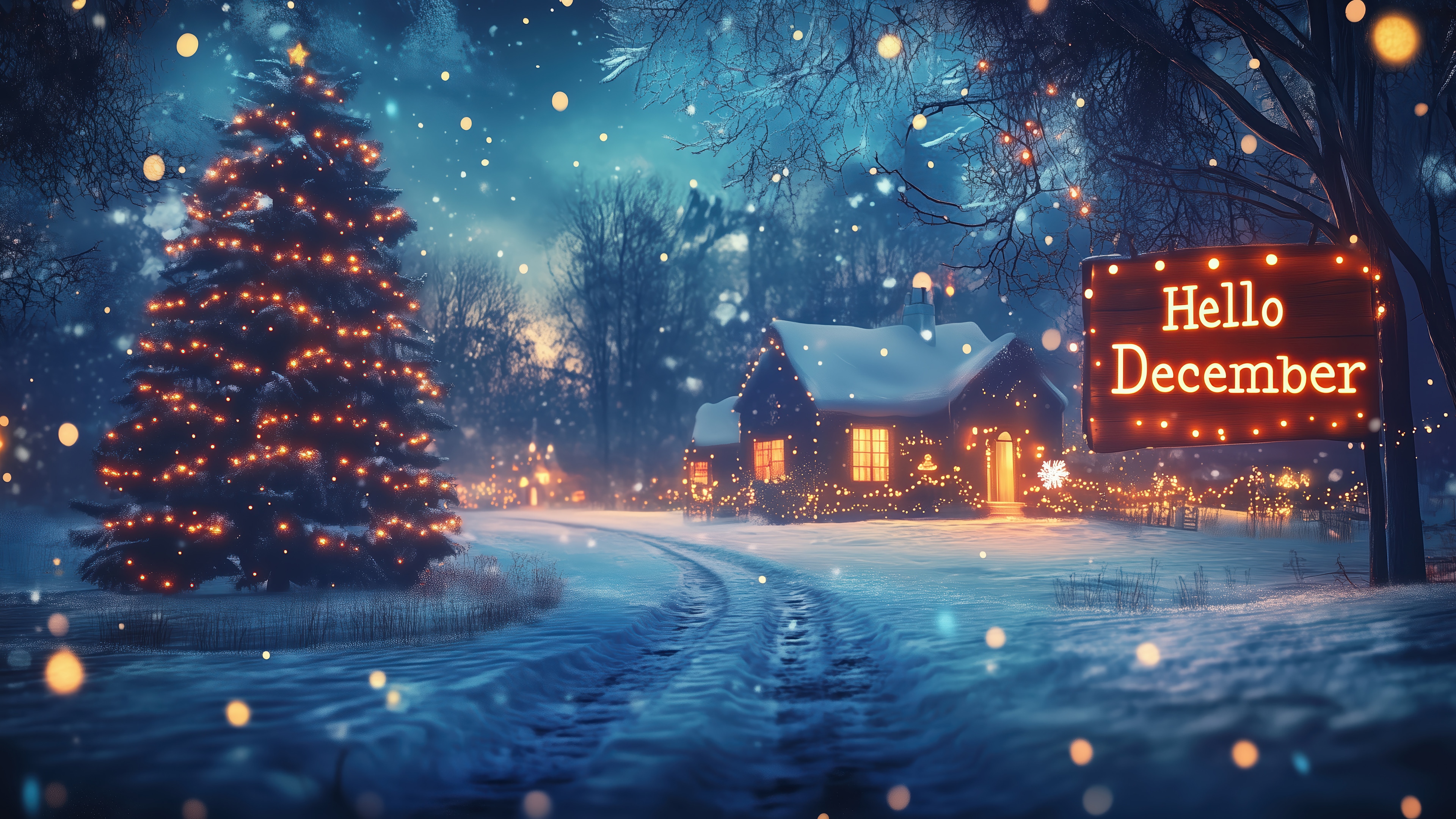 Christmas Tree and House in Snowy December 4K HD Wallpaper