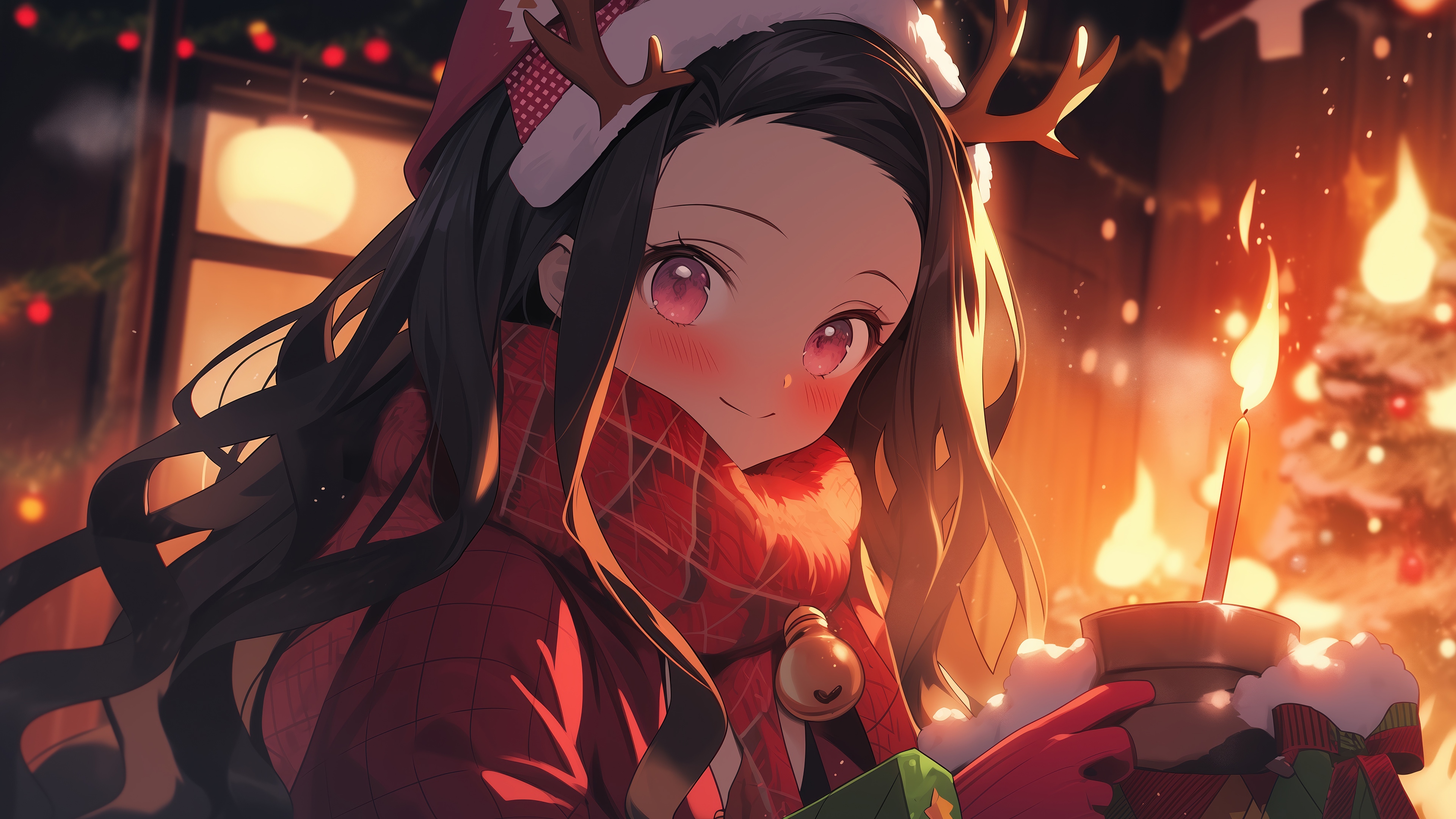 Nezuko Kamado in Christmas attire holding a candle HD Wallpaper
