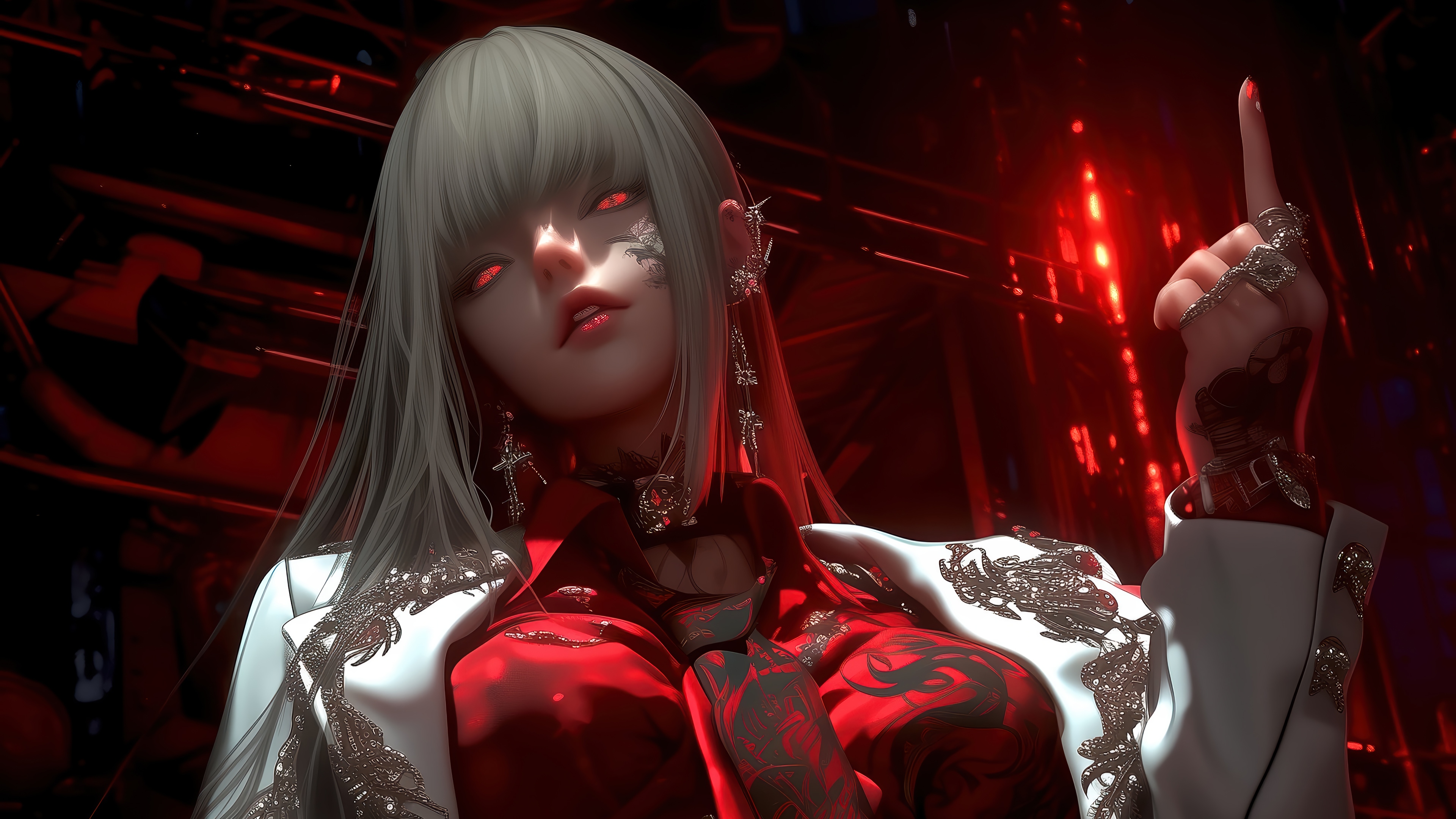 Anime Girl with Red Eyes and Tattoos in White Jacket HD Wallpaper