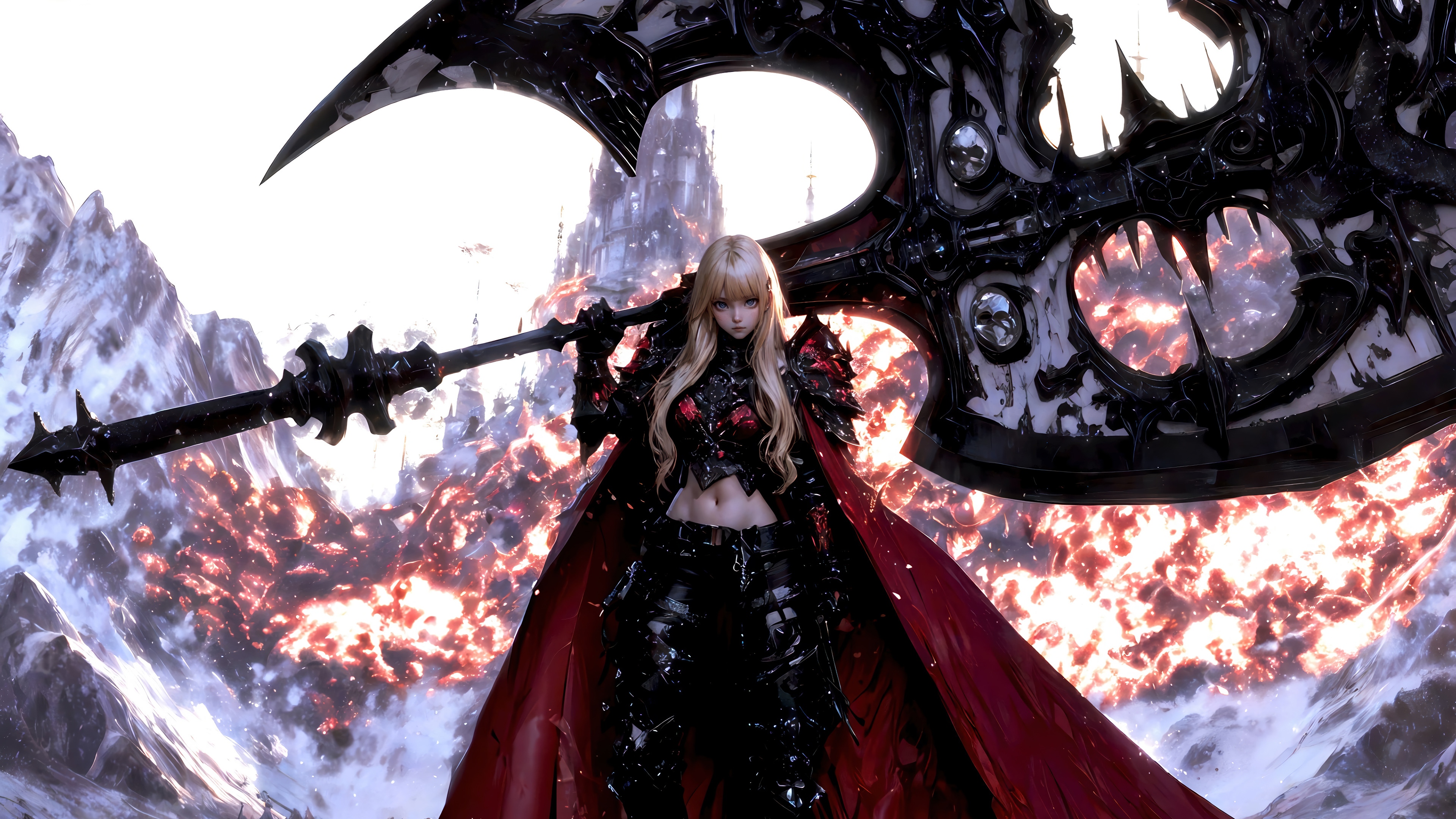 Anime Girl with Large Axe in Fantasy Landscape 4K HD Wallpaper