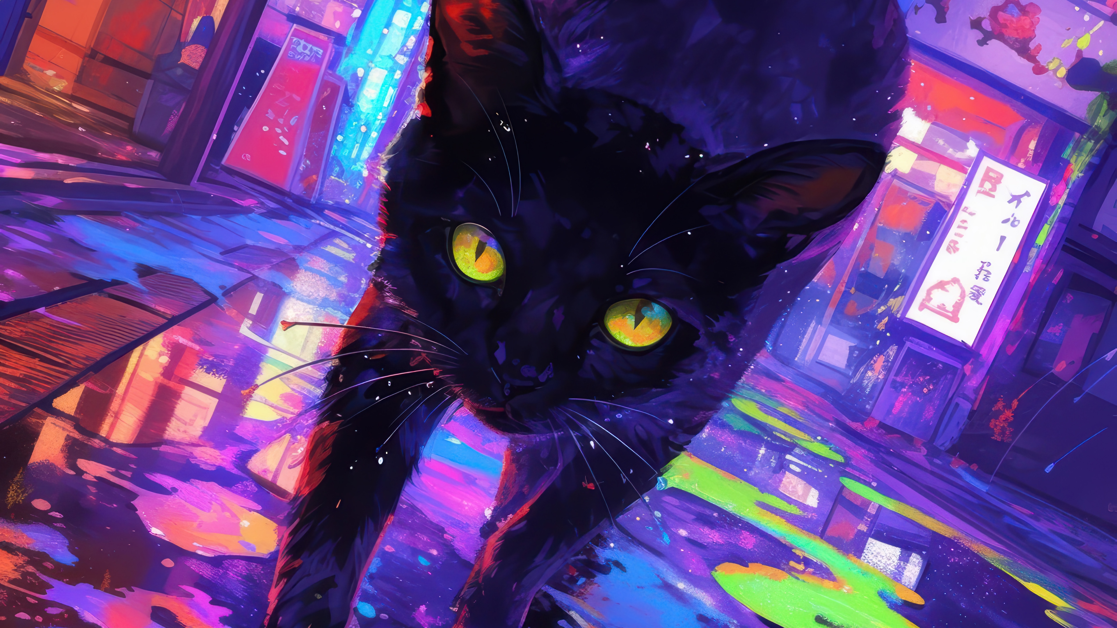 Black Cat in a Neon Anime City 4K HD Wallpaper