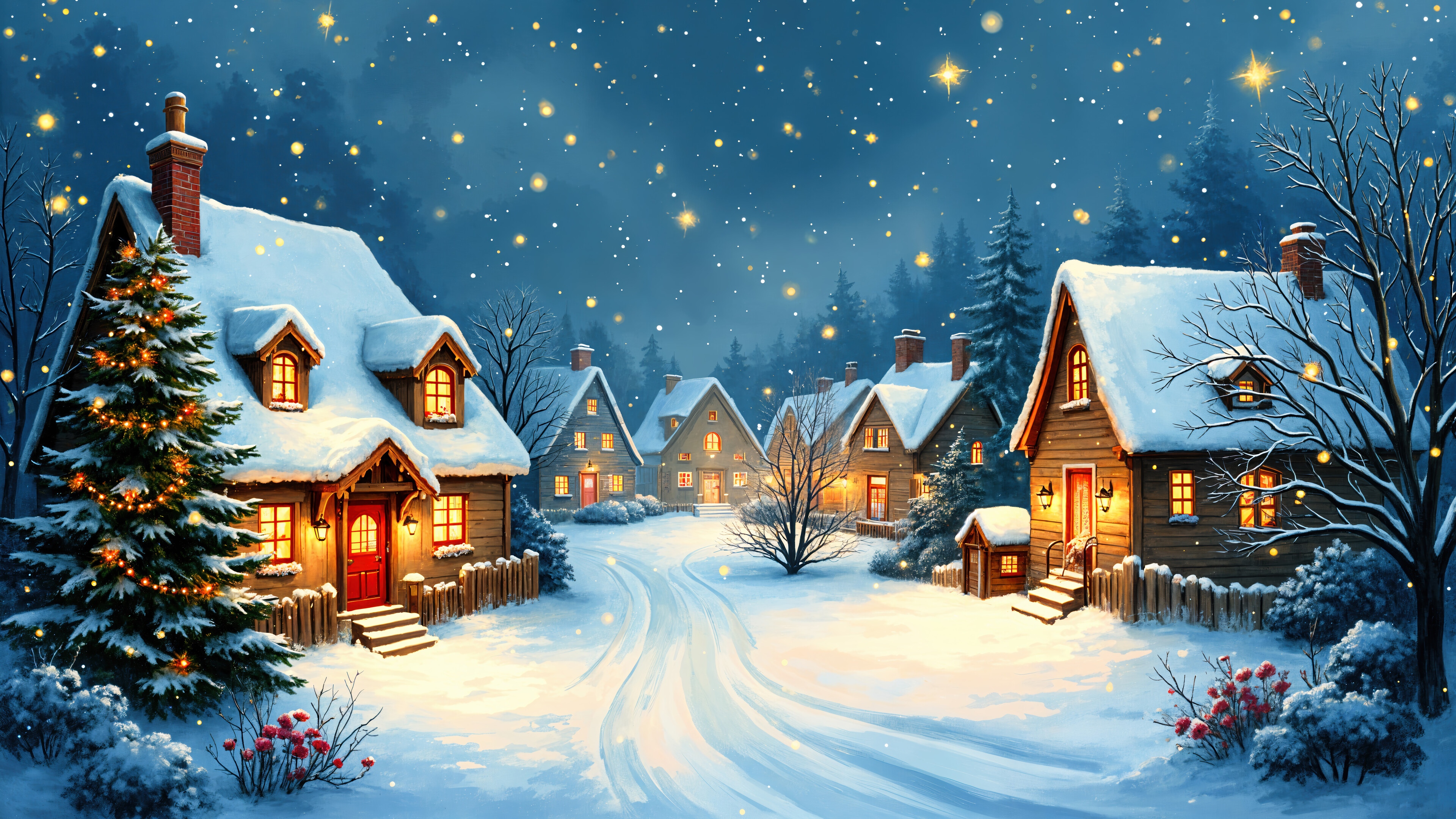 Christmas Village in Snow with Twinkling Lights 4K HD Wallpaper