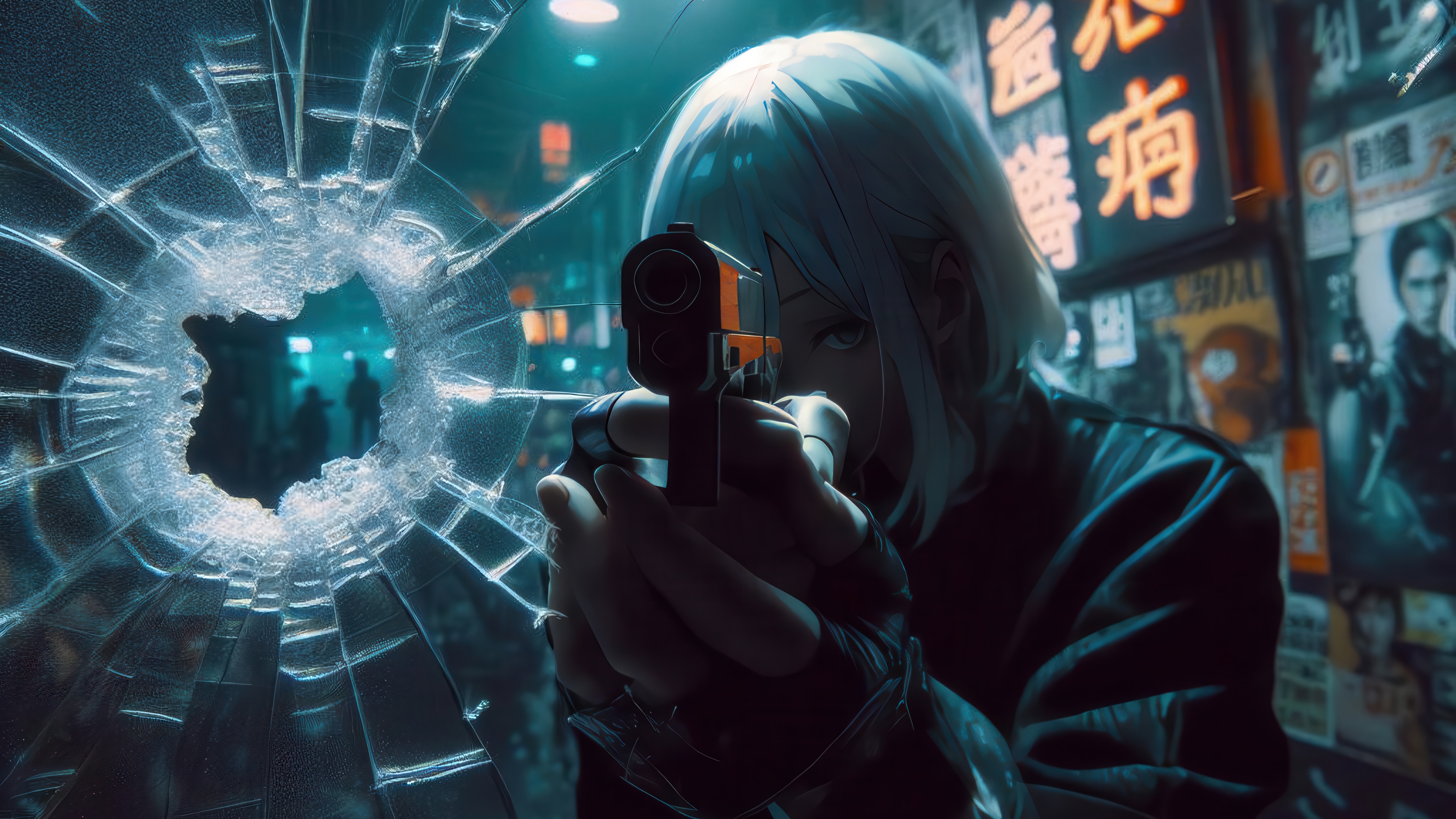 Anime Girl with Gun through Broken Window 4K HD Wallpaper