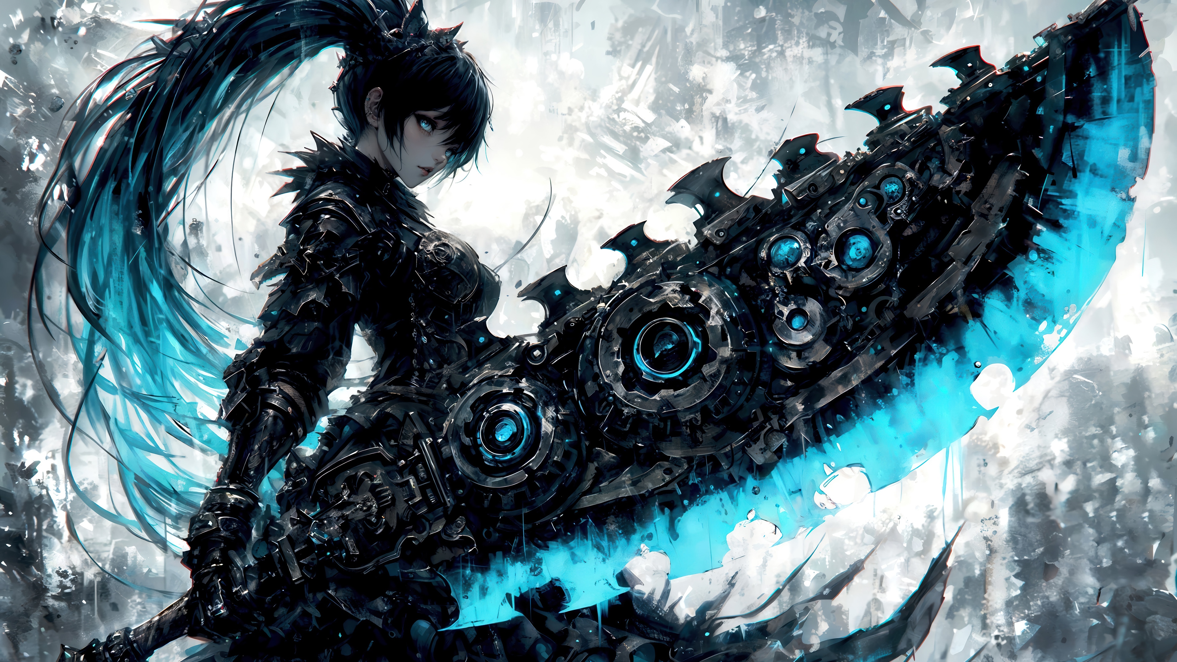 Anime Warrior Girl with Giant Mechanical Sword 4K HD Wallpaper