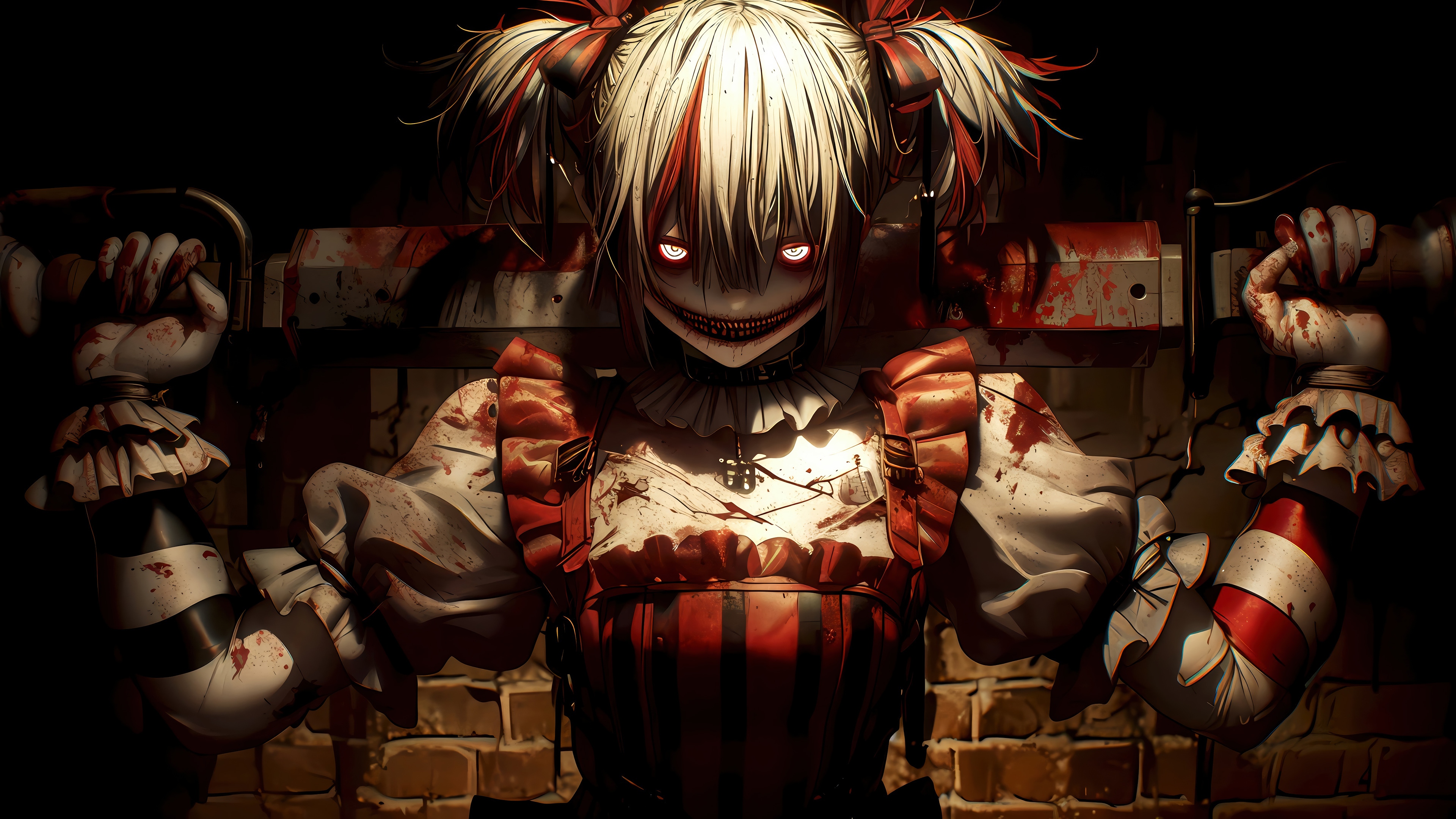 Scary Anime Clown Girl with Red and White Hair 4K HD Wallpaper