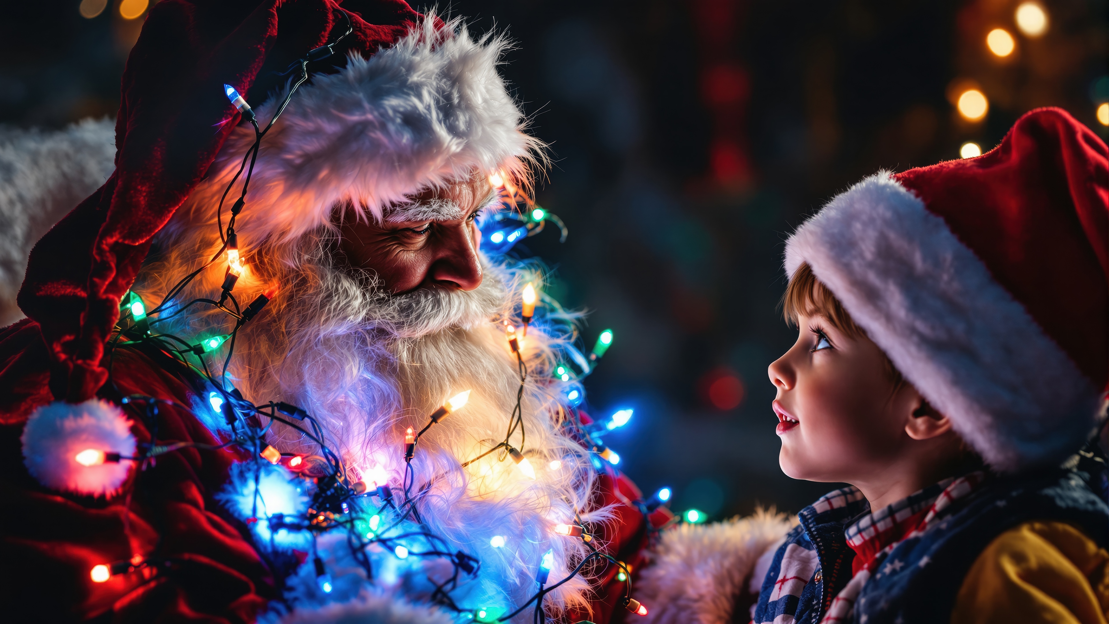 Santa Claus with a child and Christmas lights 4K HD Wallpaper