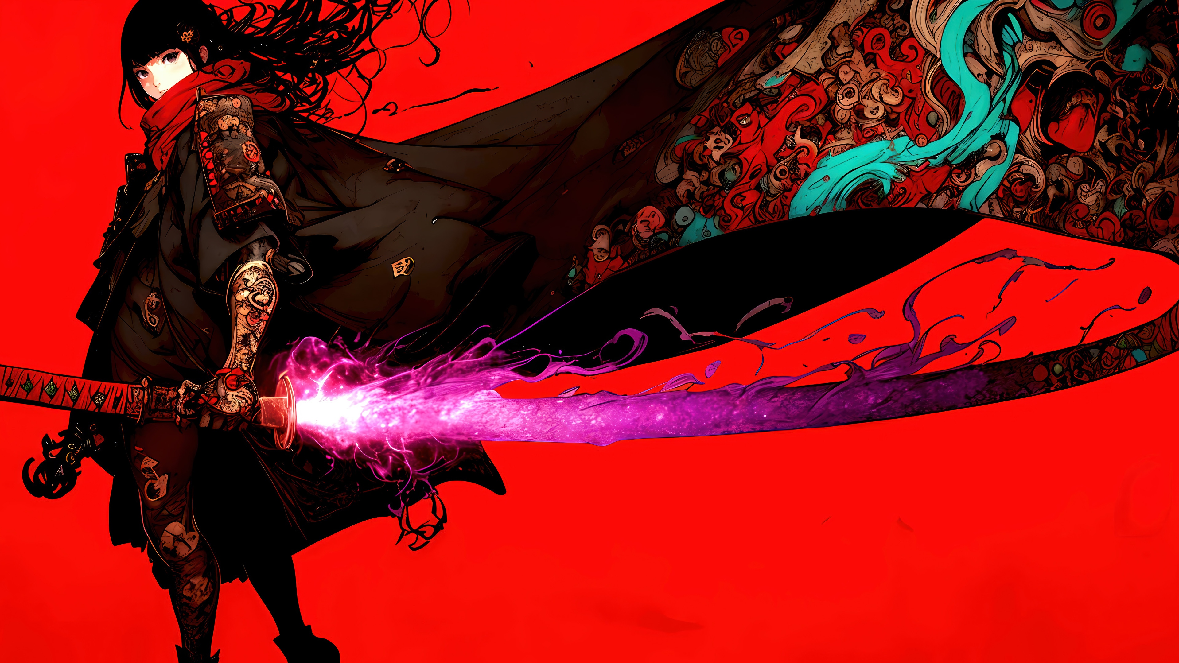 Anime Girl with Flaming Katana 4K HD Wallpaper