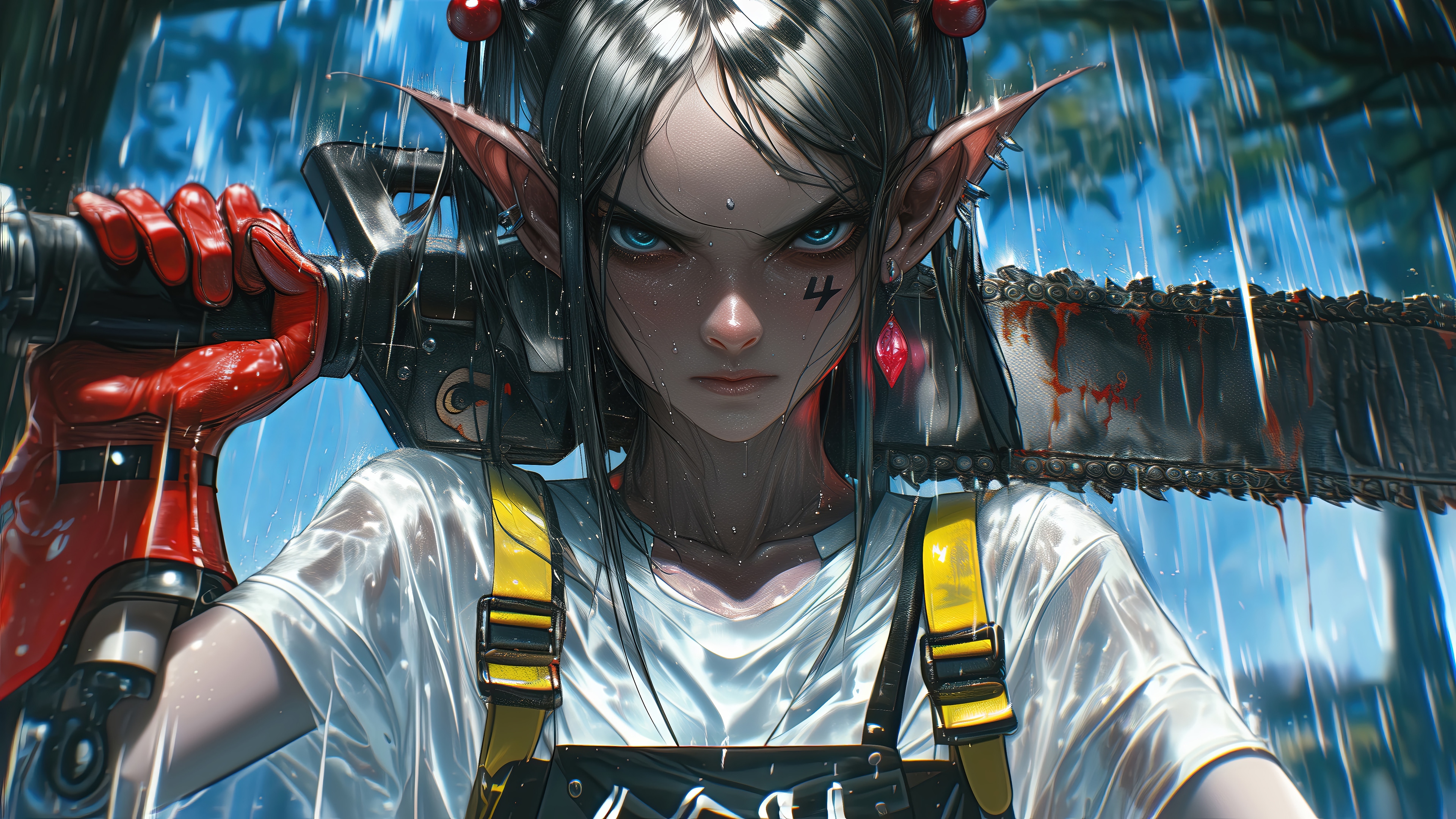 Elf Girl with Chainsaw in the Rain 4K HD Wallpaper