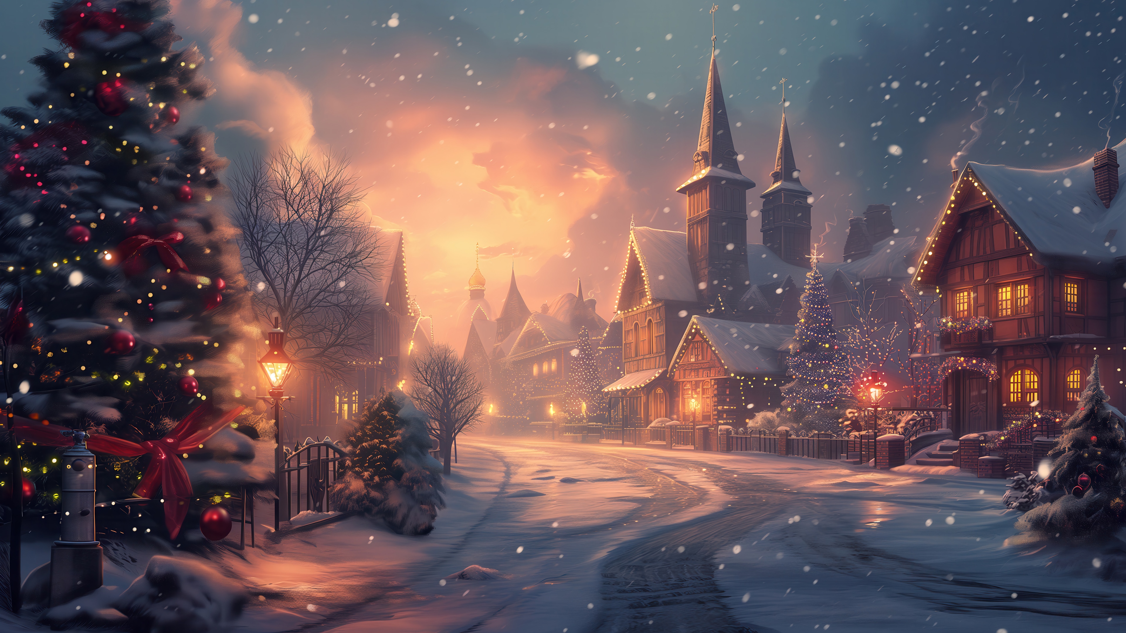 Christmas Village in Snow with Decorated Trees 4K HD Wallpaper