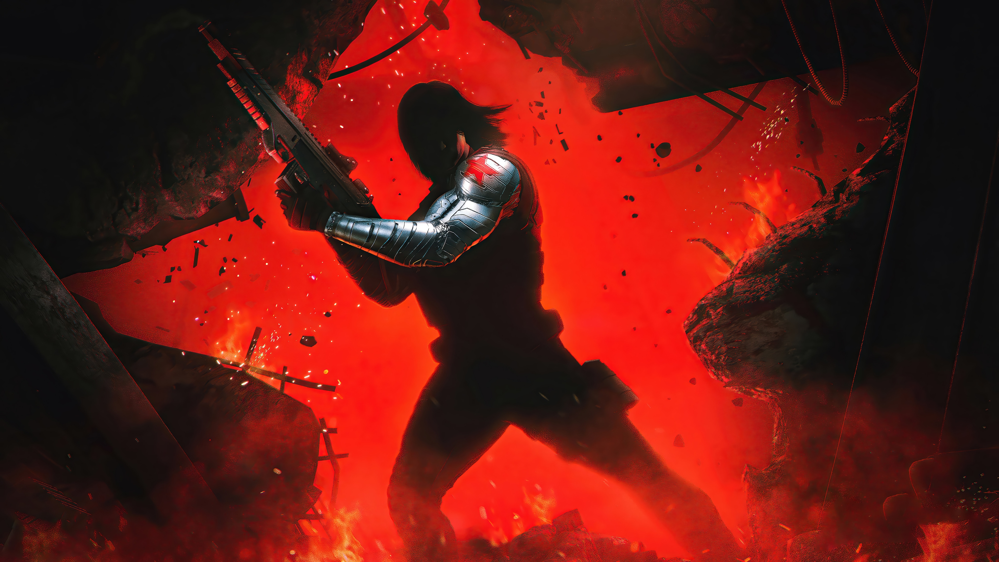 Winter Soldier with Gun in Fiery Environment 4K HD Wallpaper