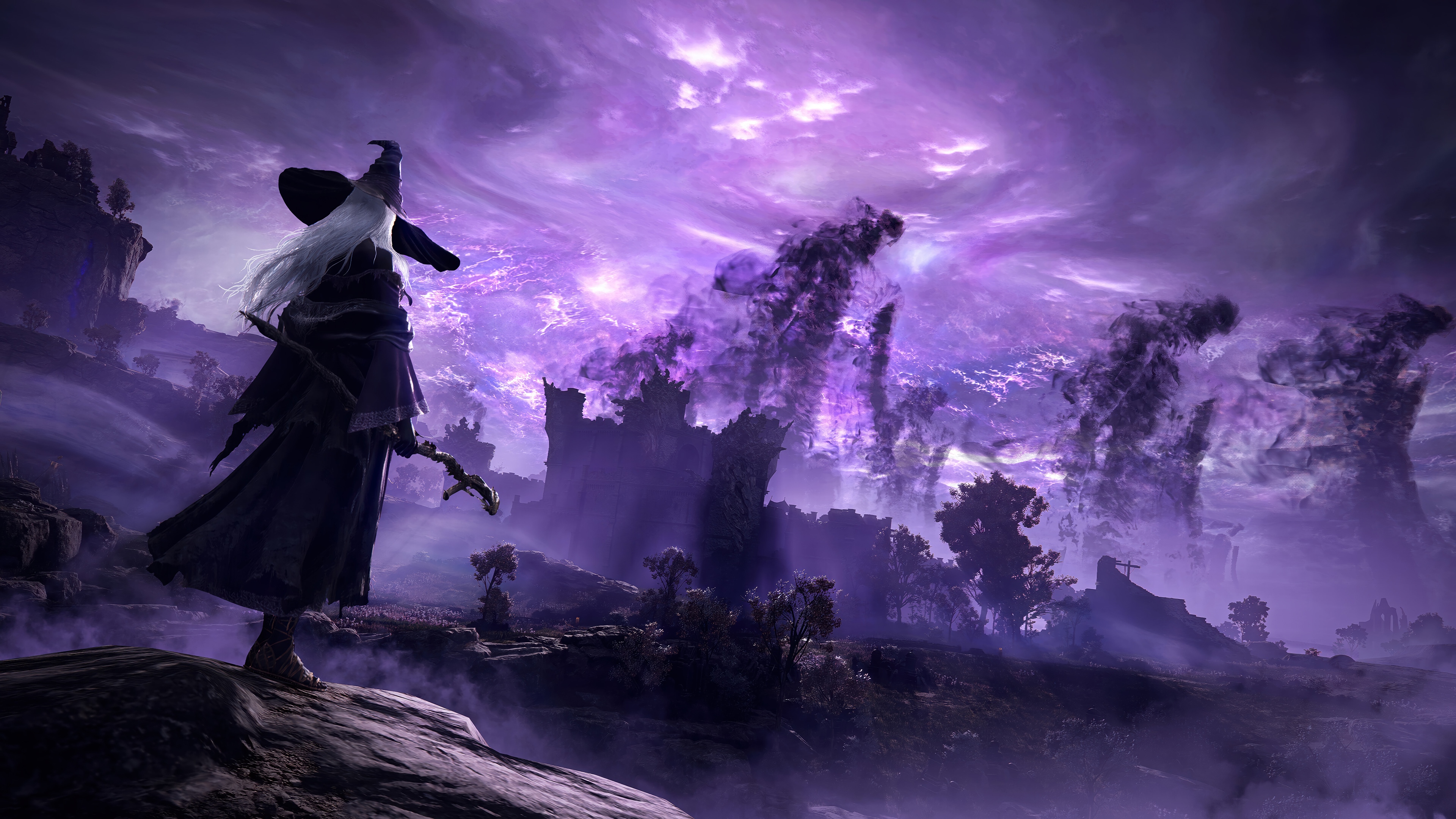 Elden Ring 4K: Sorceress in a purple, stormy landscape HD Wallpaper