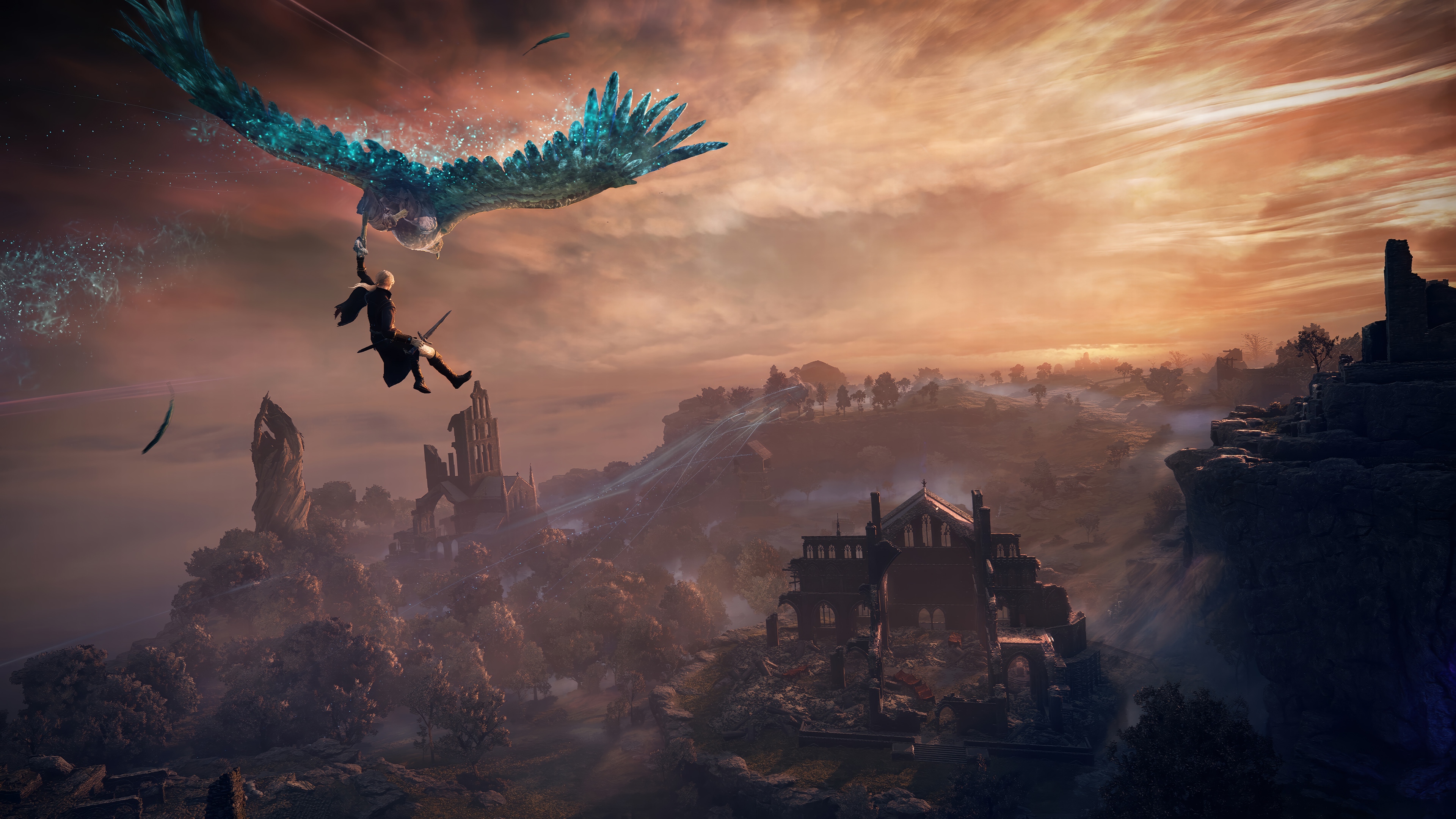 Elden Ring 4K: Character flies with a bird over ruins HD Wallpaper