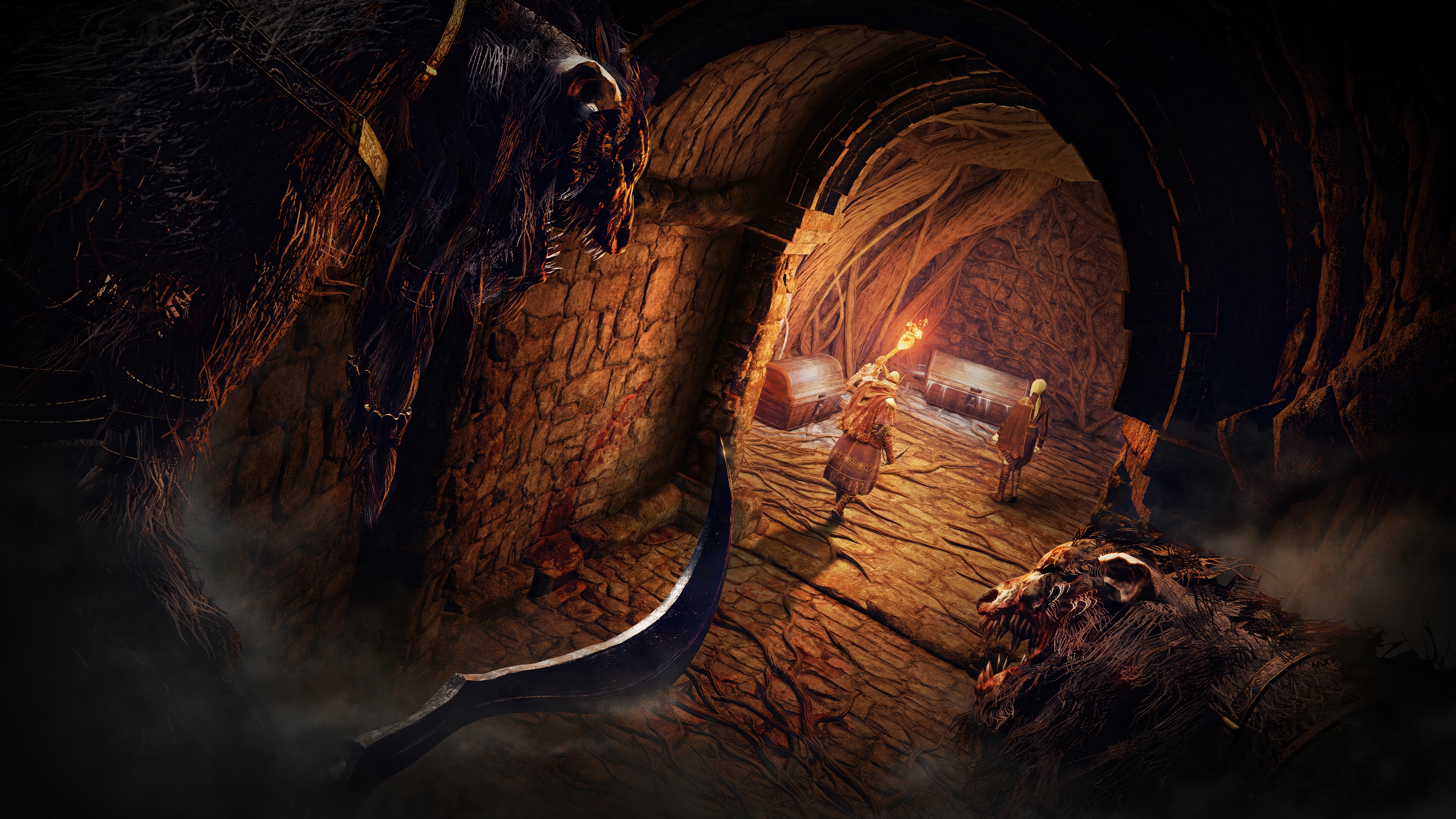 Elden Ring Dungeon with Creatures and Chests HD Wallpaper