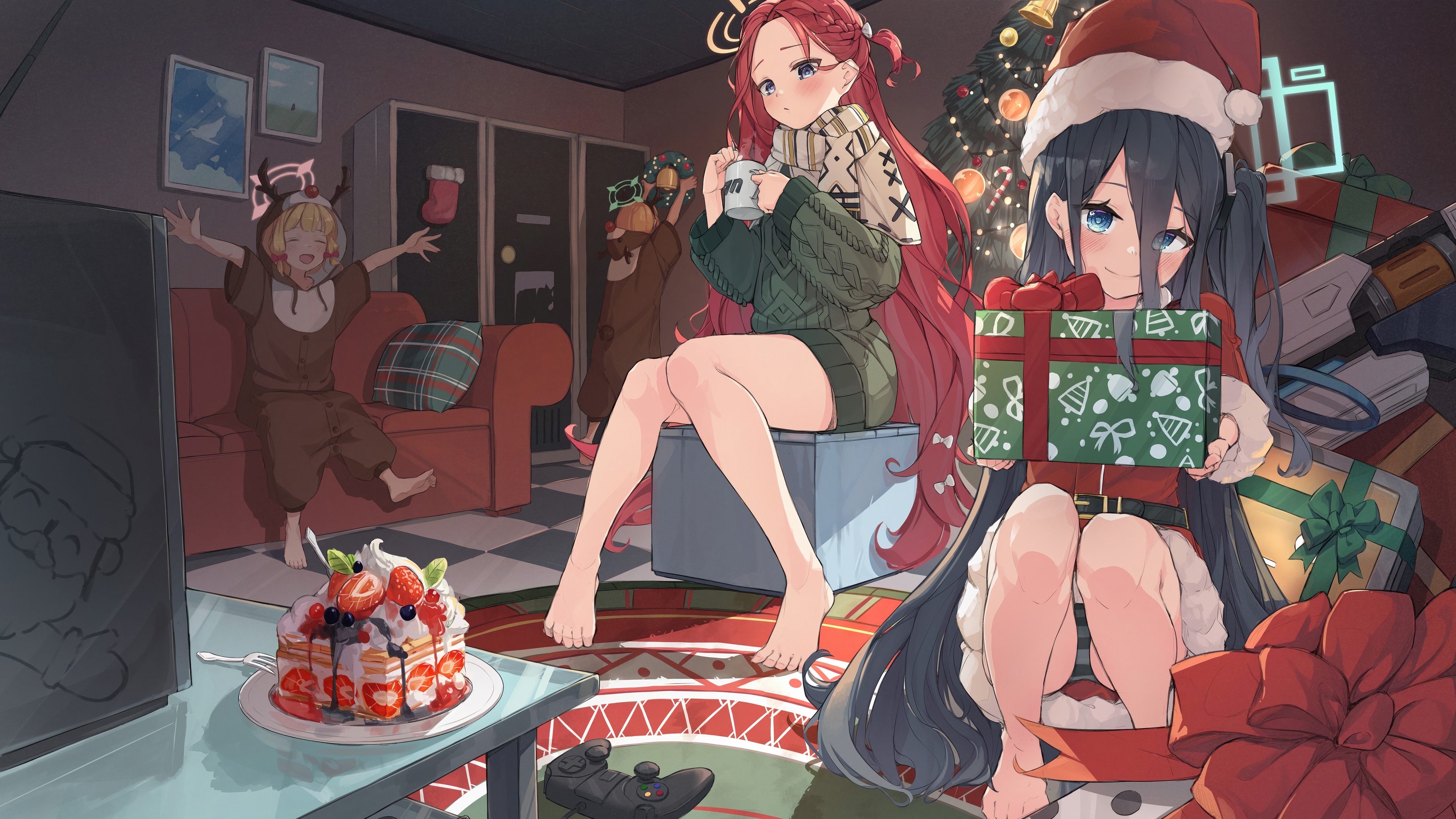 Christmas Party with Girls and Gifts 4K HD Wallpaper