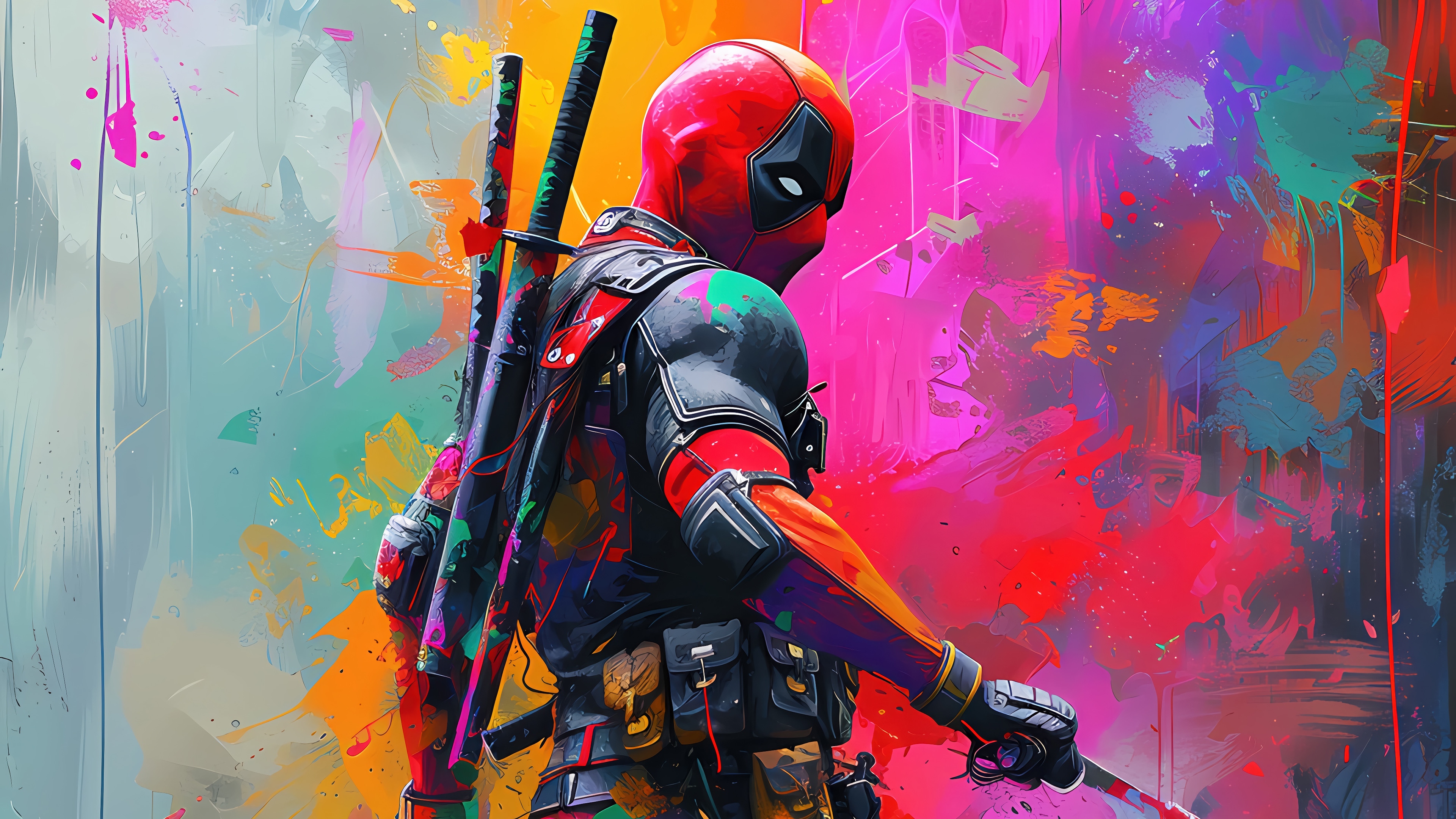 Deadpool with Swords on Colorful Background 4K HD Wallpaper