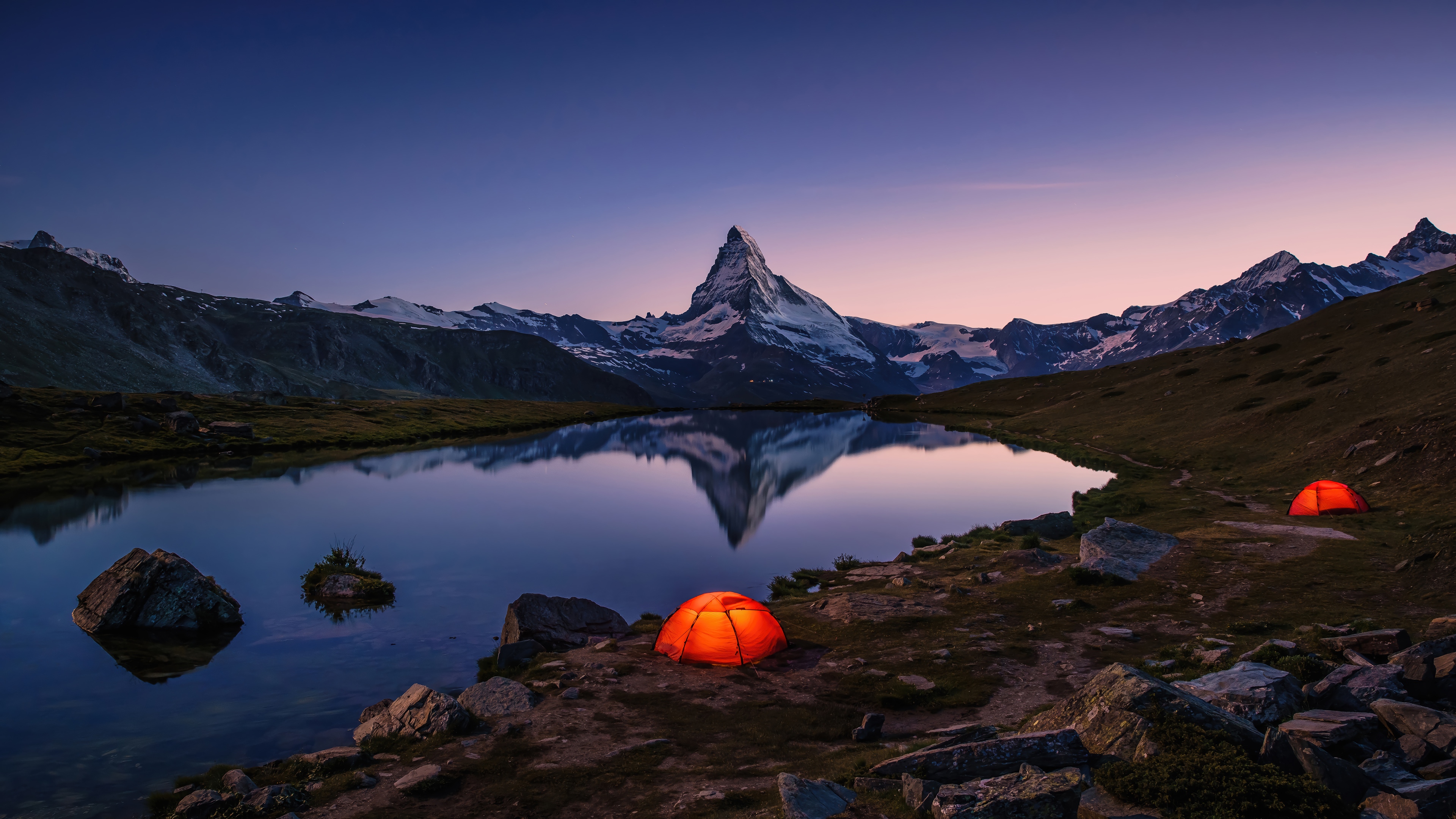 Camping by a lake with Matterhorn mountain reflection HD Wallpaper