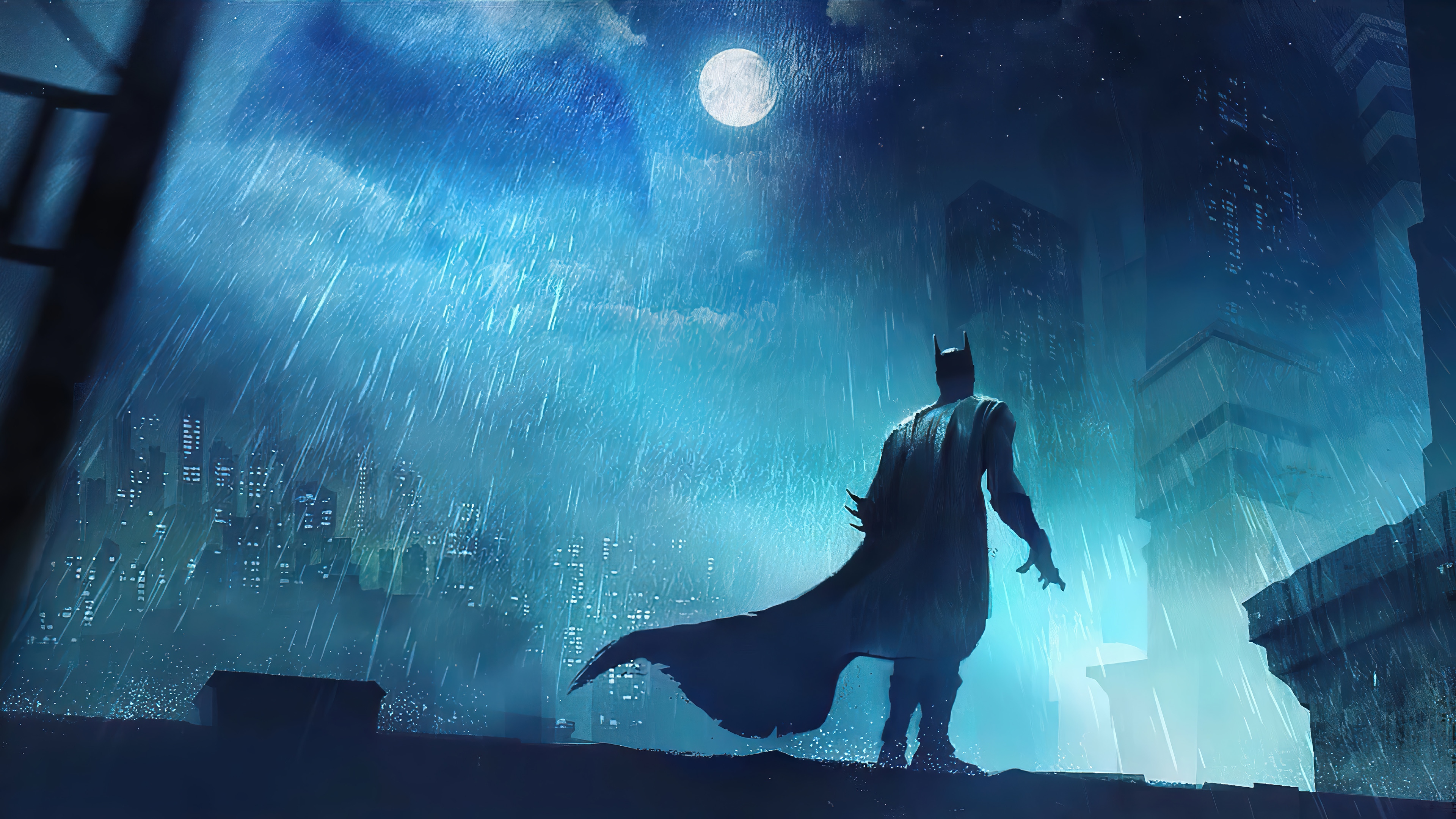 Batman standing on a rooftop in Gotham City during a rainstorm 4K HD Wallpaper