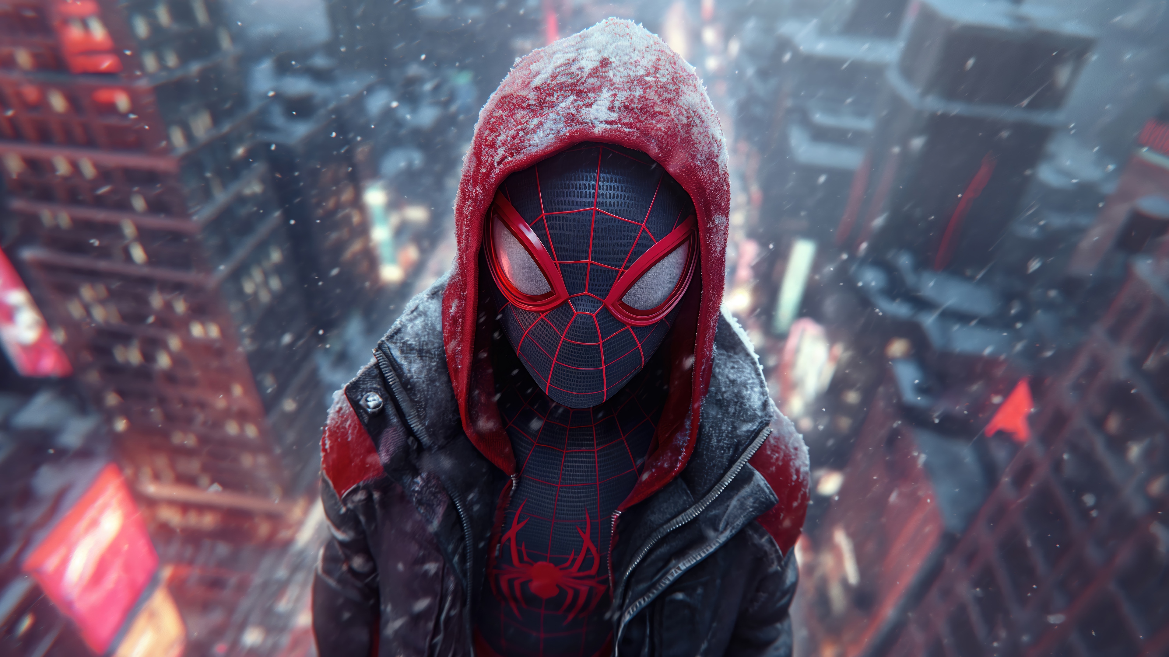 Miles Morales Spider-Man in a snowy city 4K HD Wallpaper