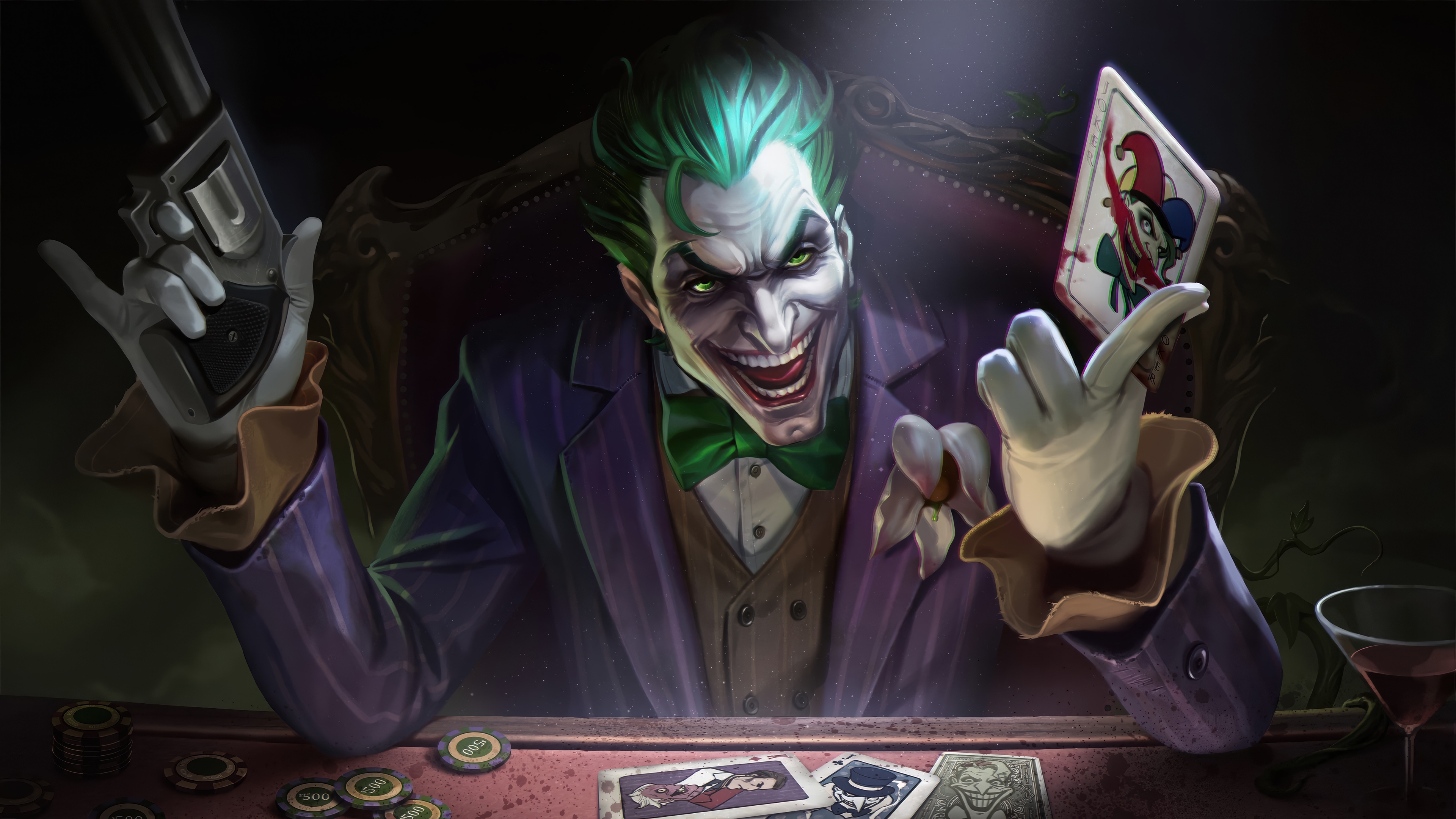 Joker playing cards with a gun and chips 4K HD Wallpaper