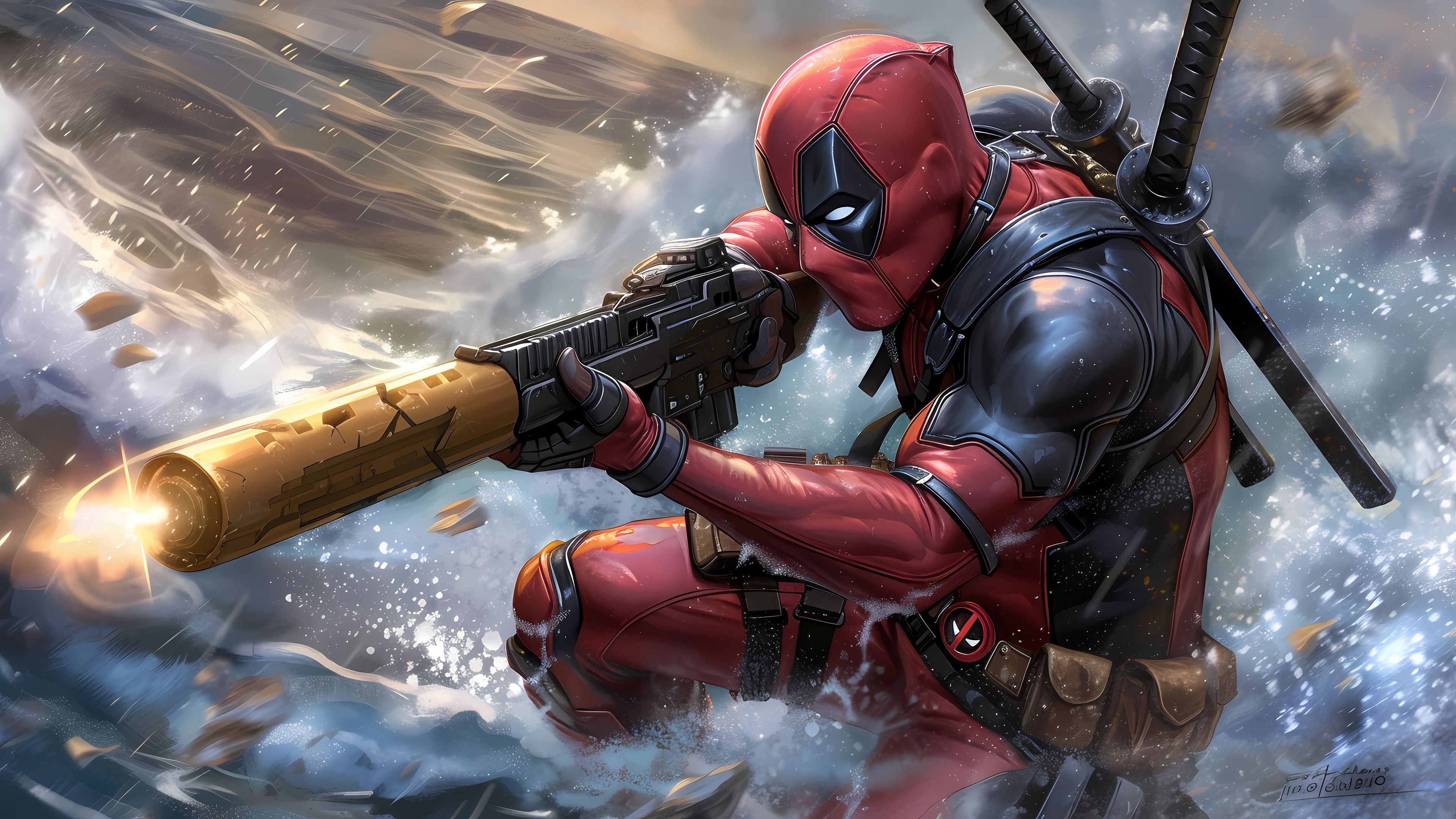 Deadpool firing a gun in 4K HD Wallpaper