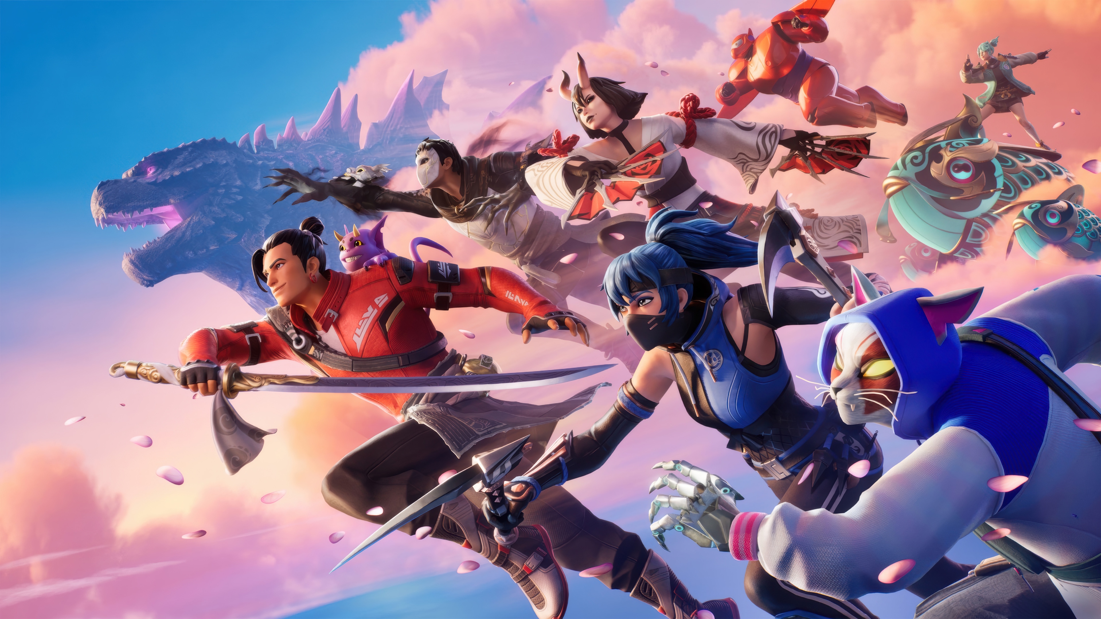 Fortnite characters with Godzilla and Mothra HD Wallpaper
