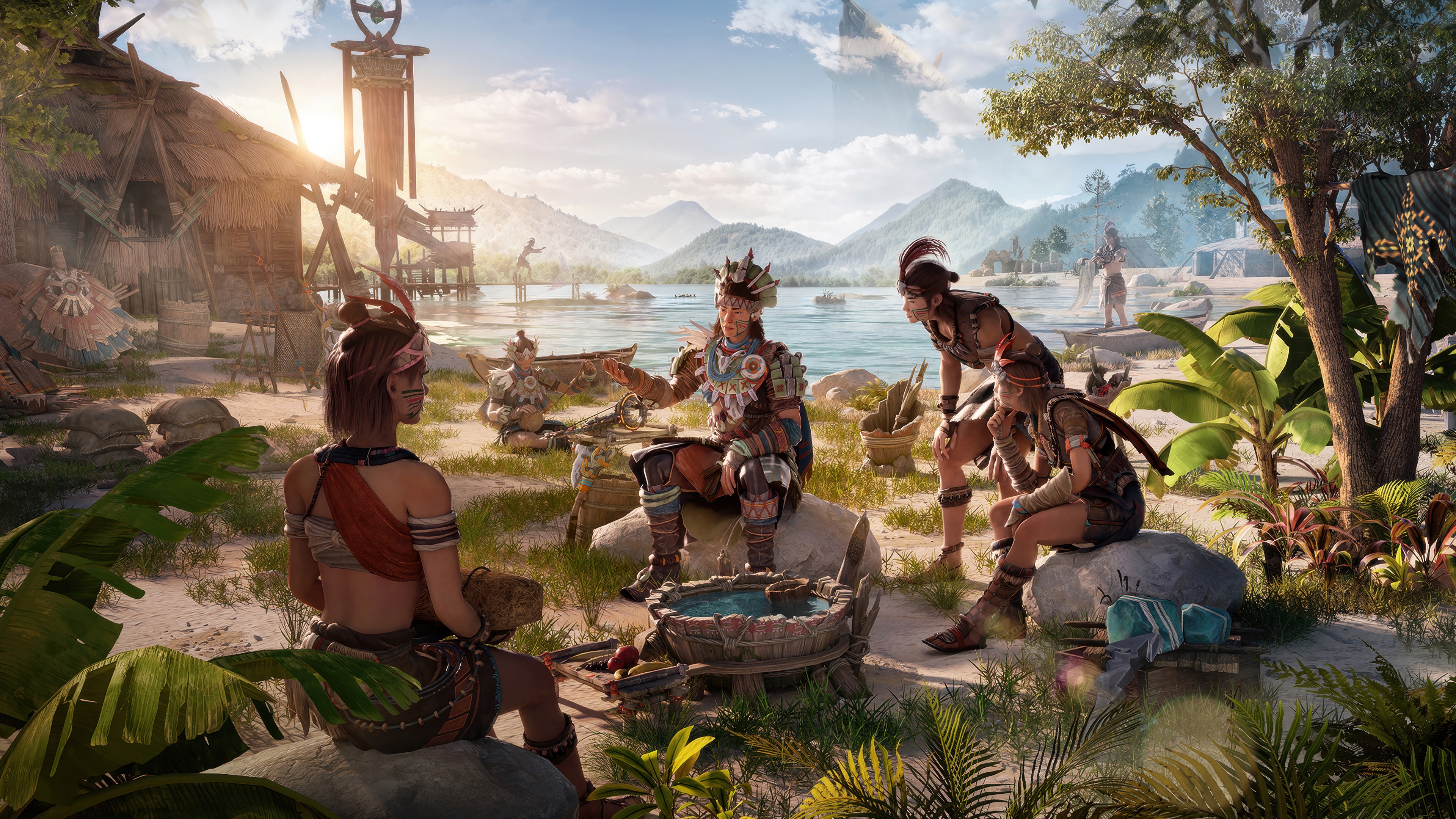 Tribal people gathered by a lake at sunrise HD Wallpaper