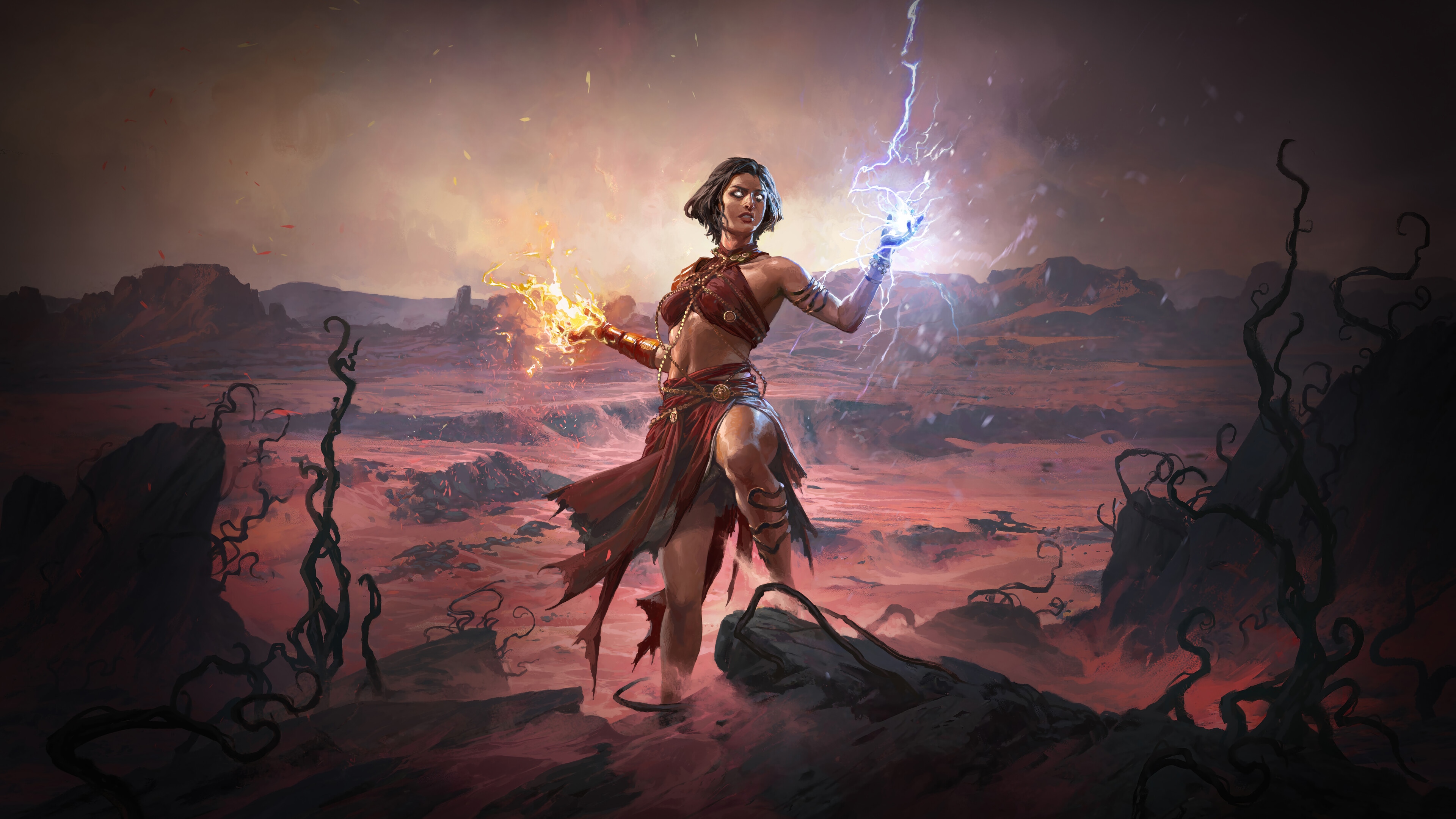 Path of Exile 2 Shaman casting fire and lightning HD Wallpaper