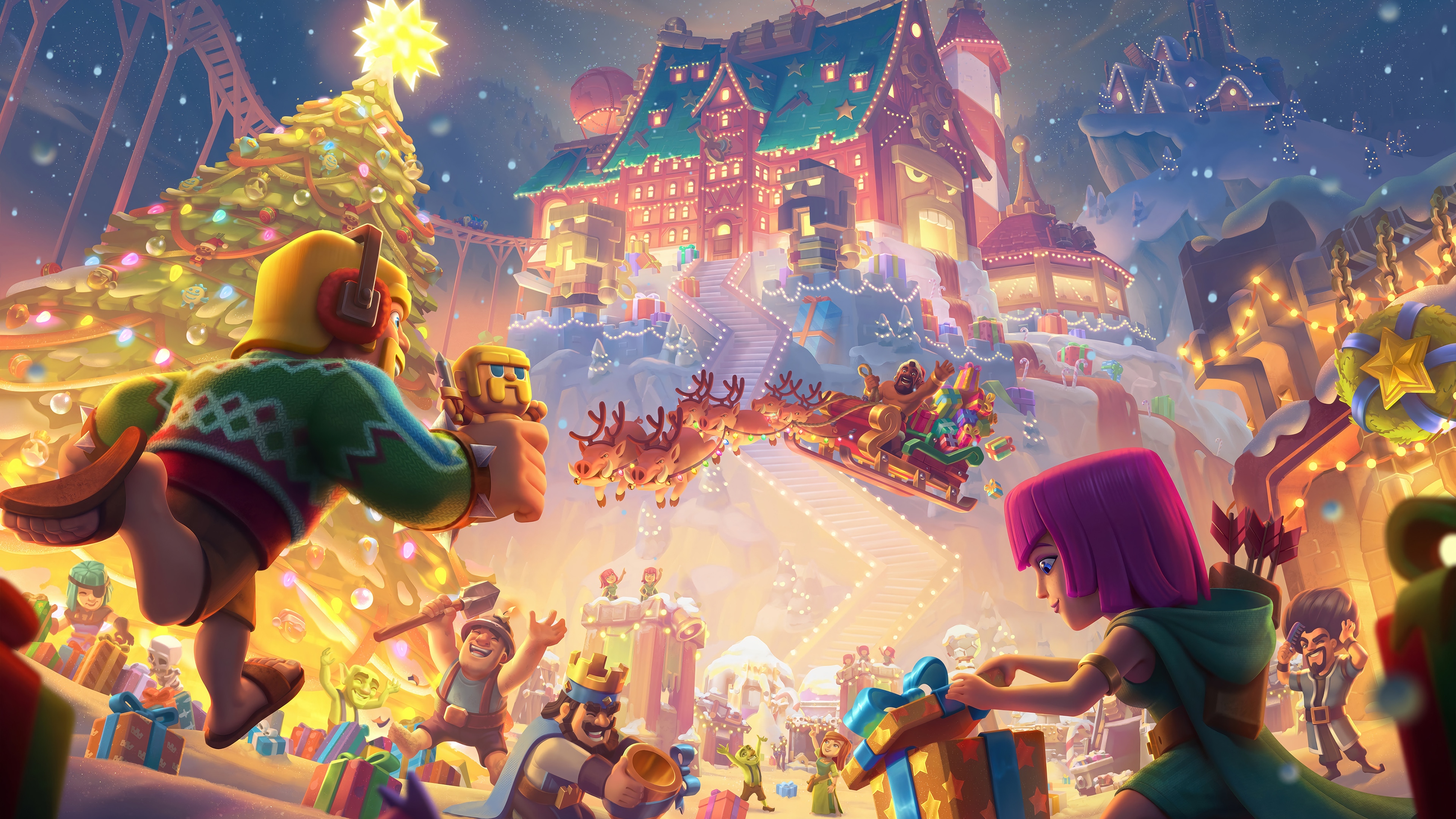 Clash of Clans Christmas Scene with Characters and Sleigh HD Wallpaper