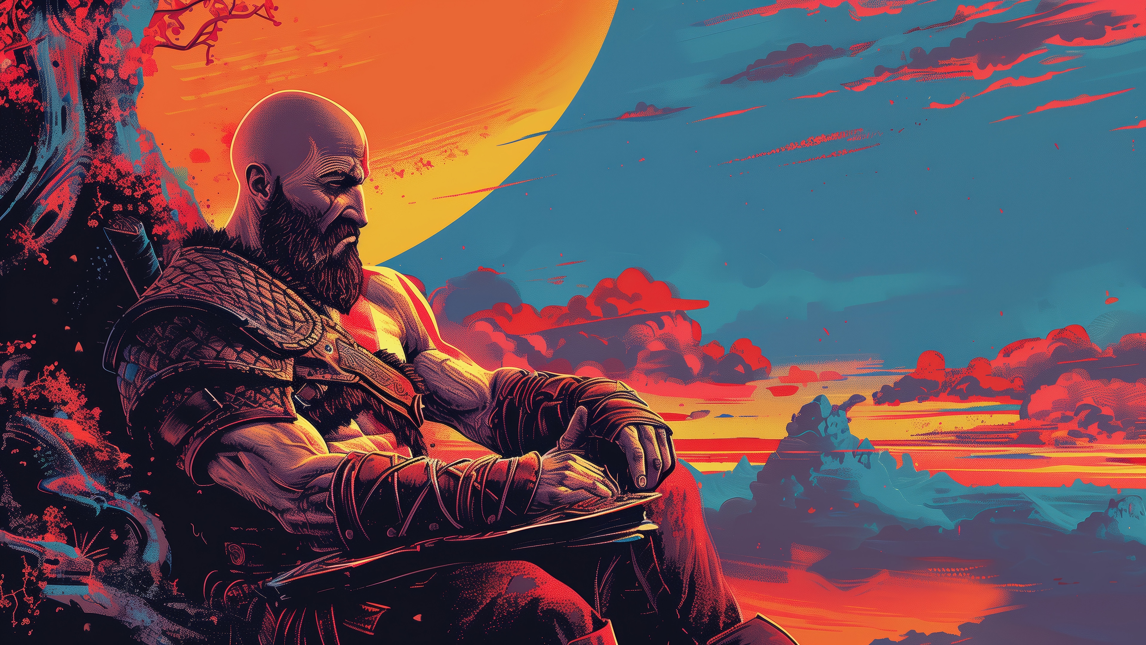 Kratos sitting under a tree with a large moon HD Wallpaper