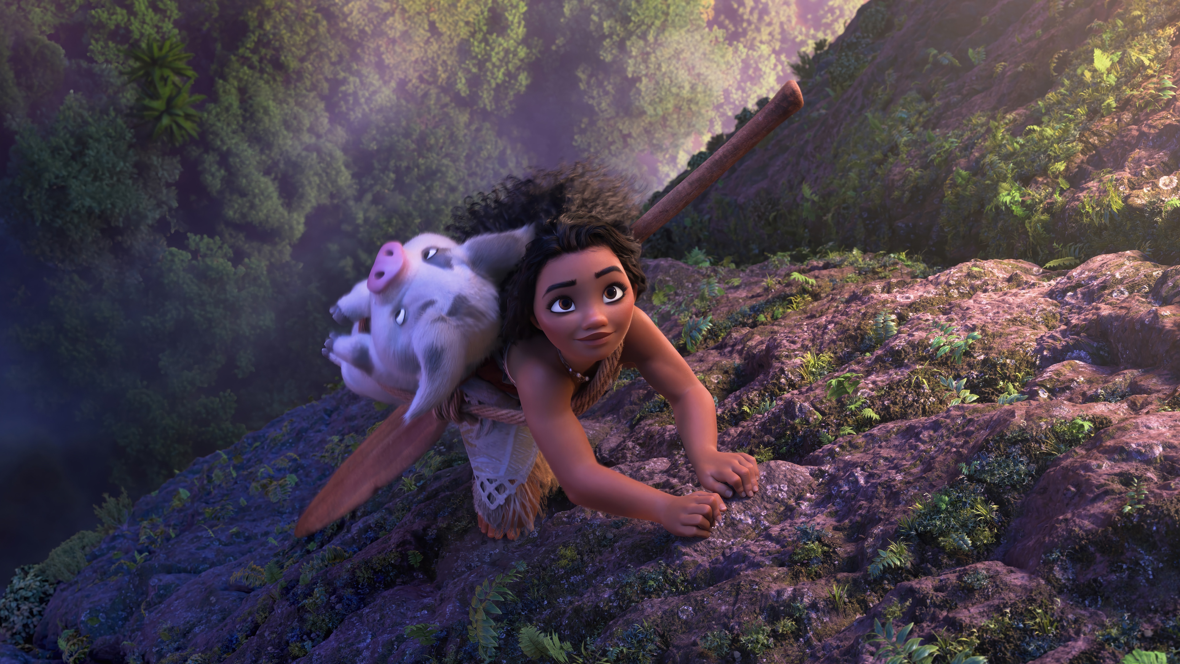 Moana and Pua climbing a rocky mountain HD Wallpaper