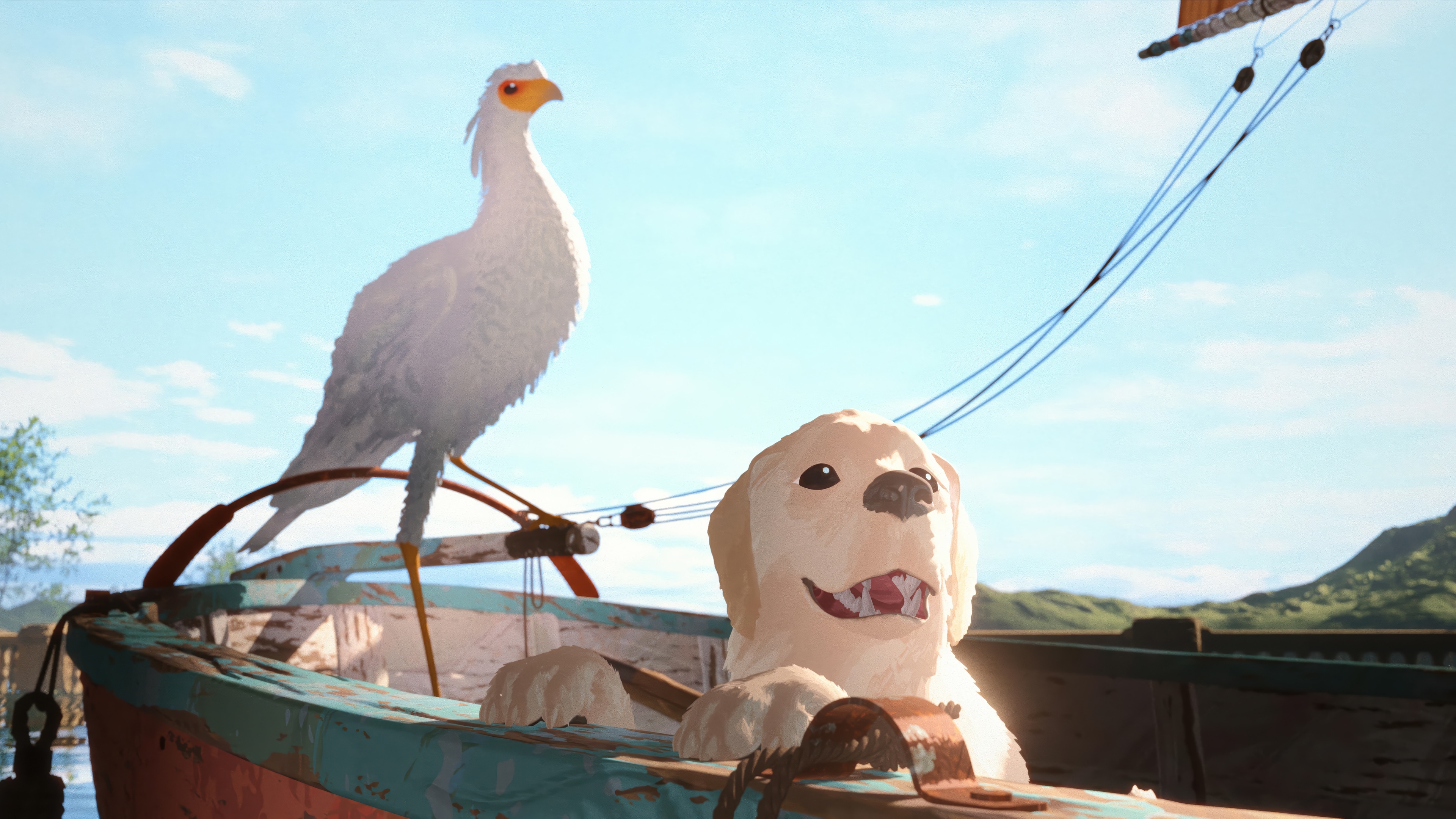 Dog and Bird on a Boat HD Wallpaper