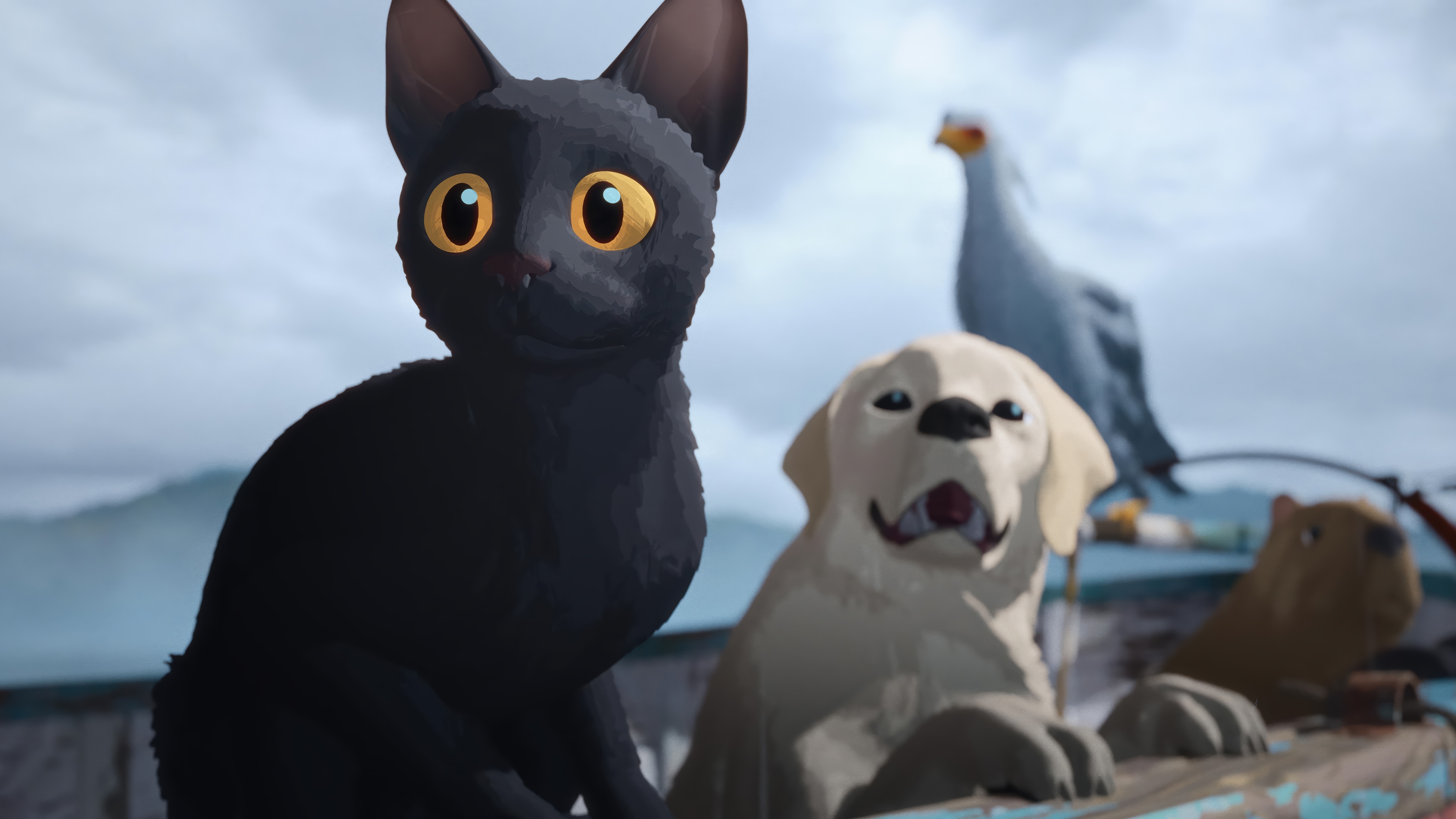 Cat, Dog, and Bird on a Boat HD Wallpaper