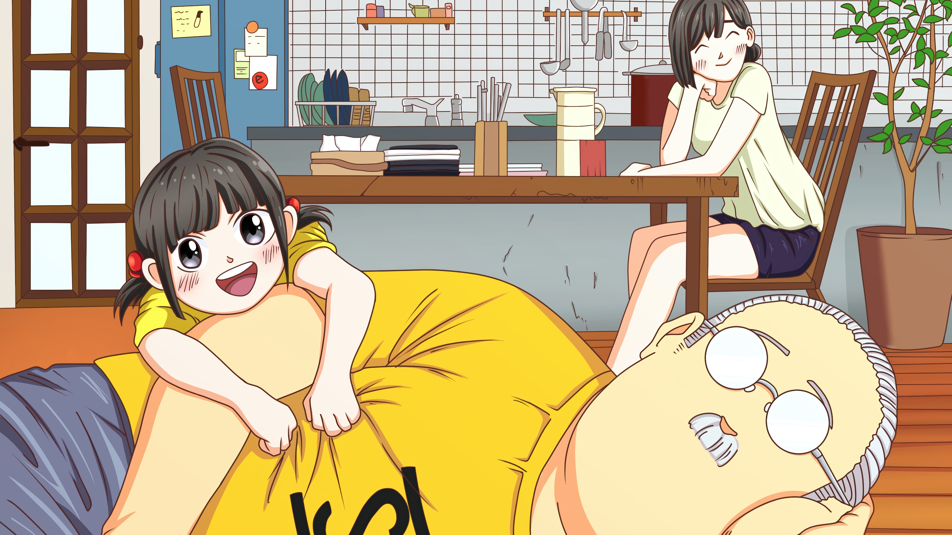 Aoi Sakamoto and Hana Sakamoto in a kitchen HD Wallpaper