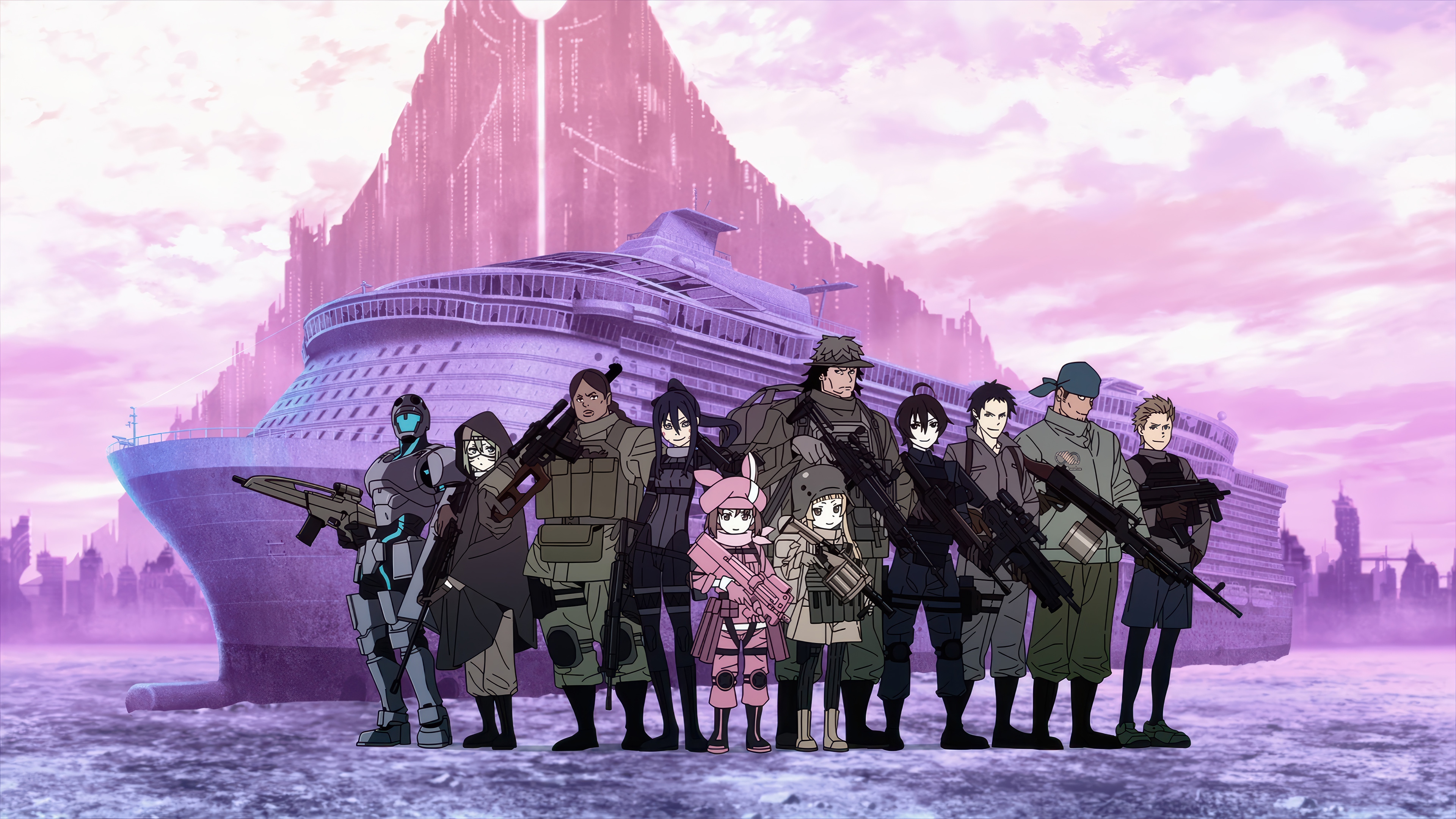 Gun Gale Online characters with a large ship and city HD Wallpaper
