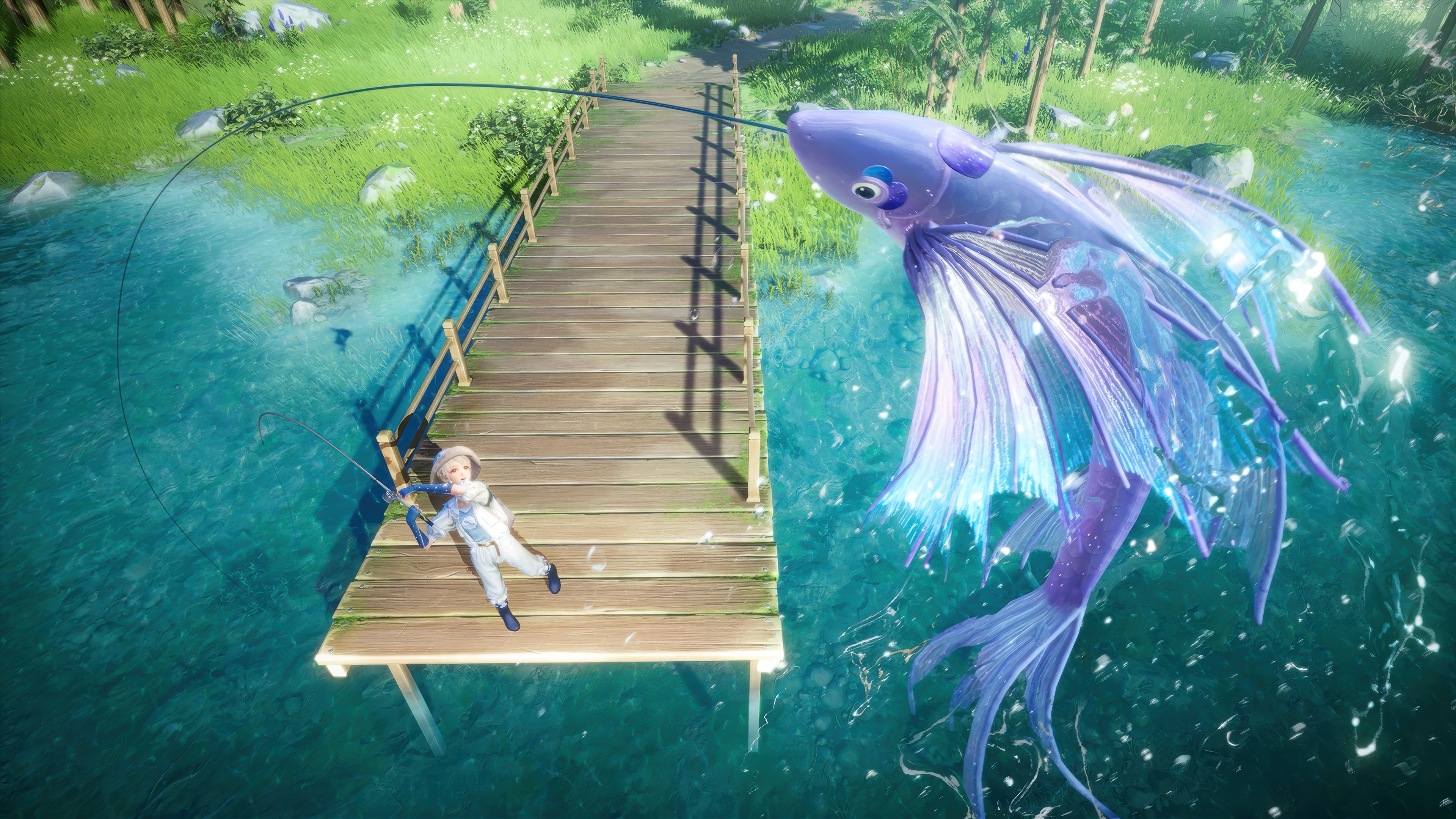 Infinity Nikki: Girl fishing for a giant glowing fish HD Wallpaper