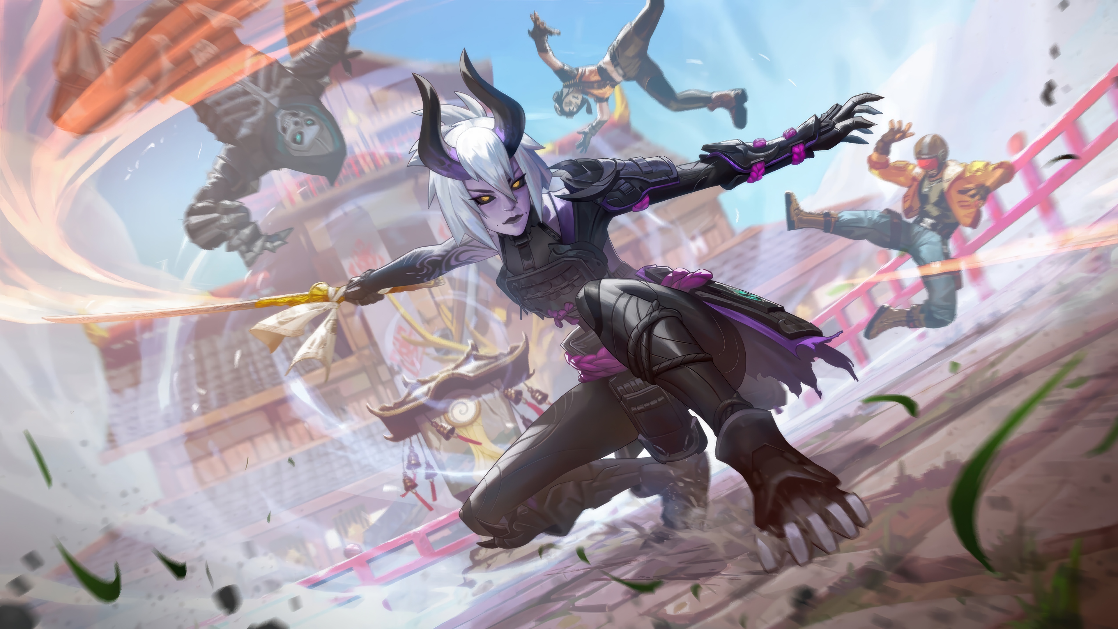 Fortnite character with horns and sword fighting HD Wallpaper