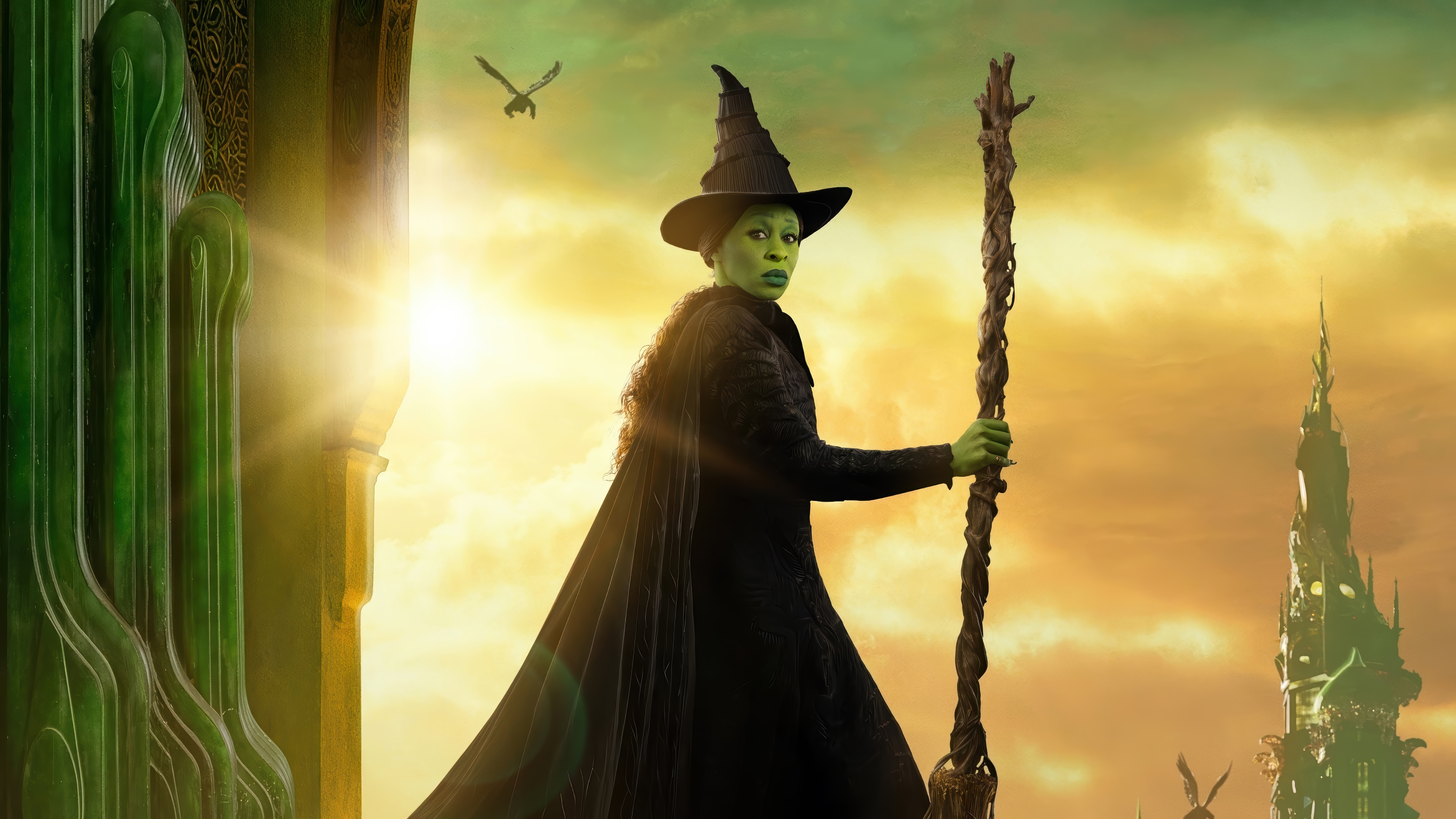 Wicked Elphaba with staff in Oz 4K HD Wallpaper