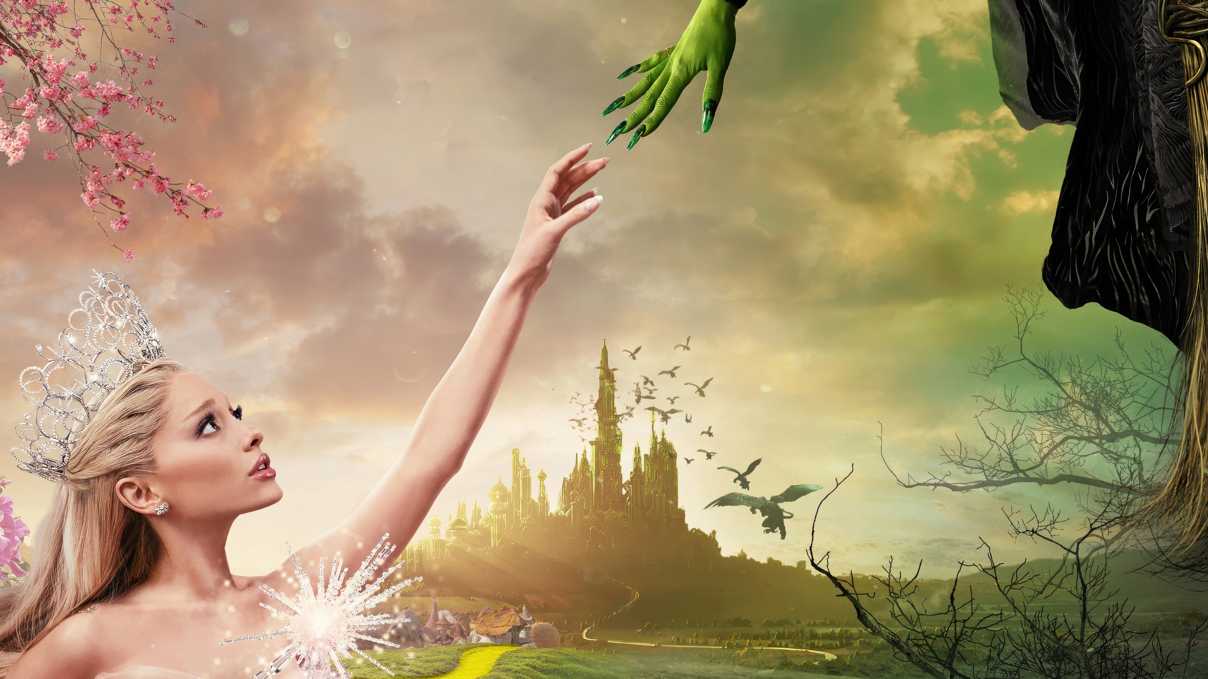Ariana Grande as Glinda and Wicked Witch reaching hands HD Wallpaper