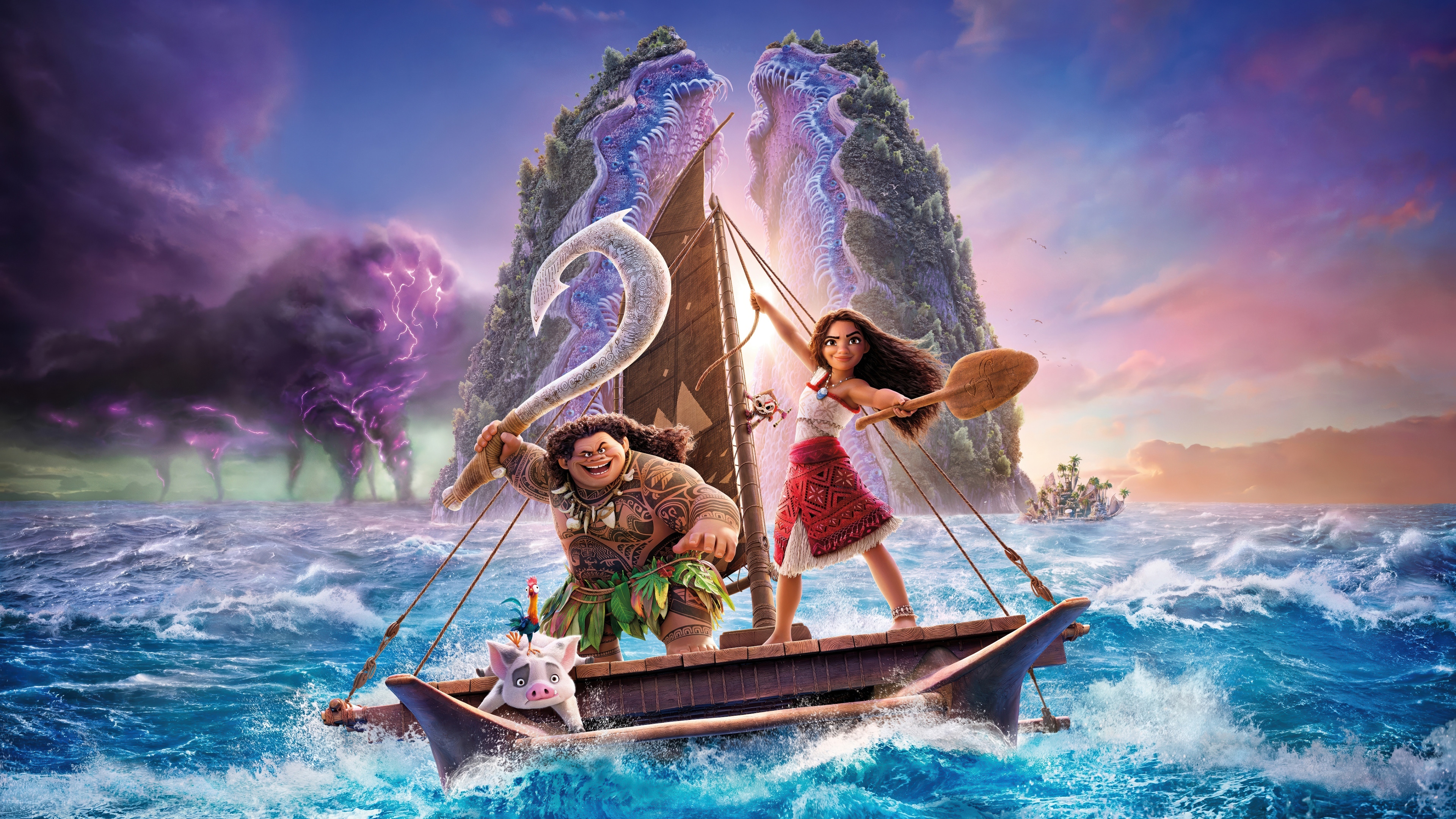 Moana and Maui on a boat with Heihei and Pua HD Wallpaper