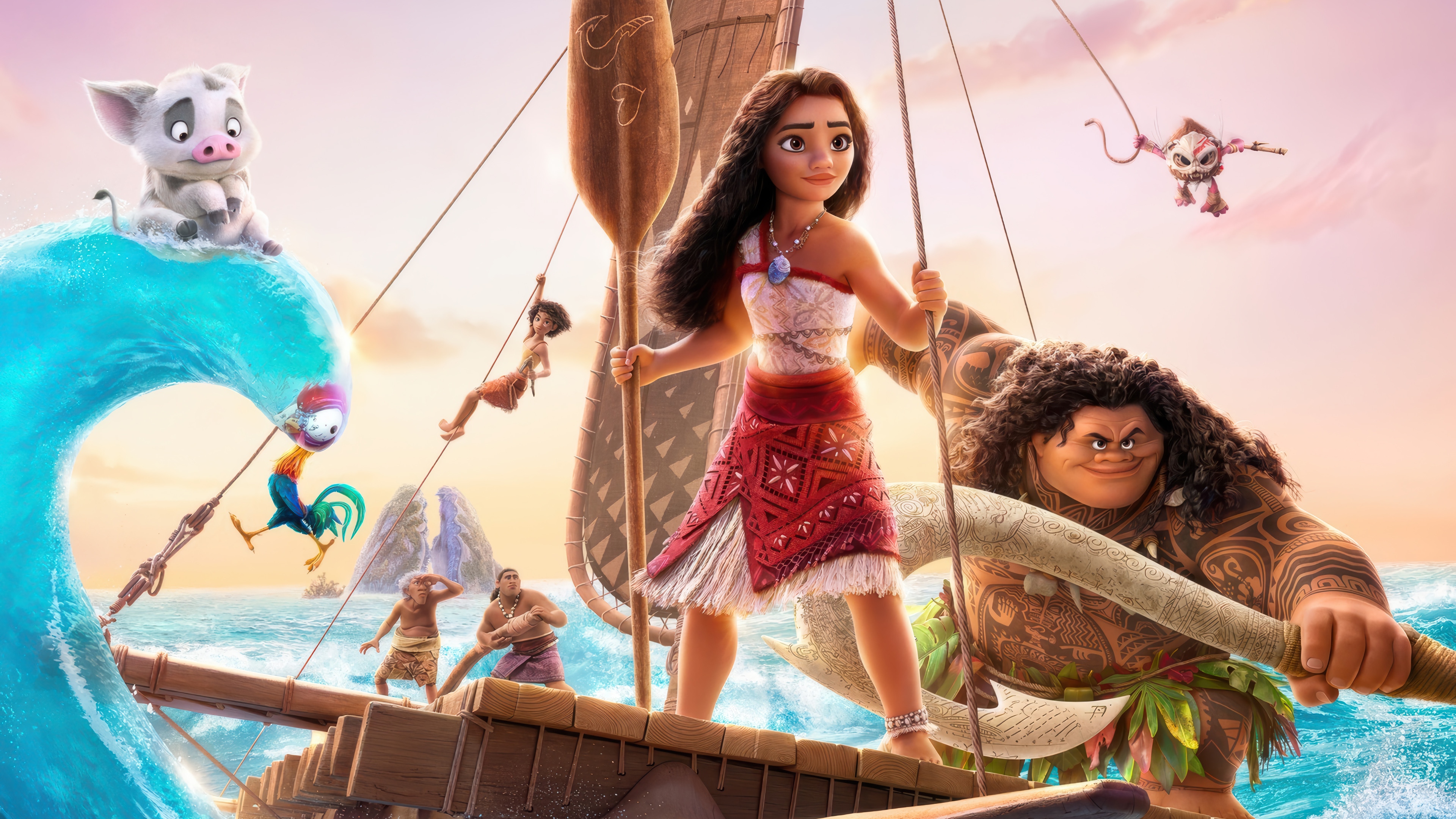 Moana, Maui, Heihei, and Pua on a boat HD Wallpaper