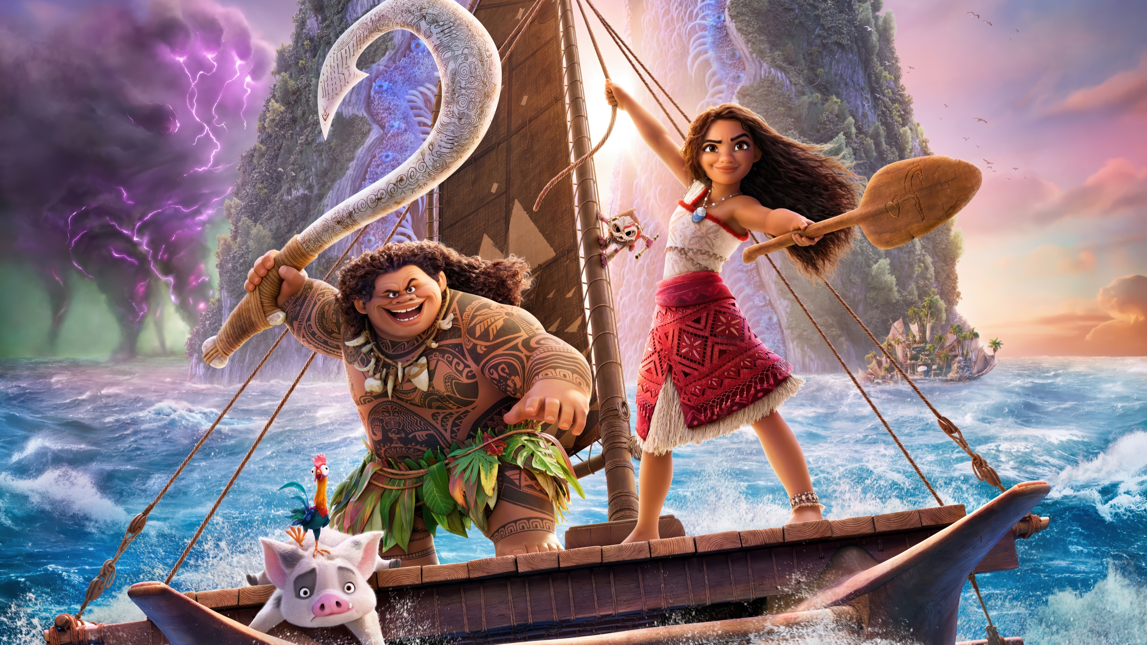 Moana and Maui on a boat with stormy skies HD Wallpaper