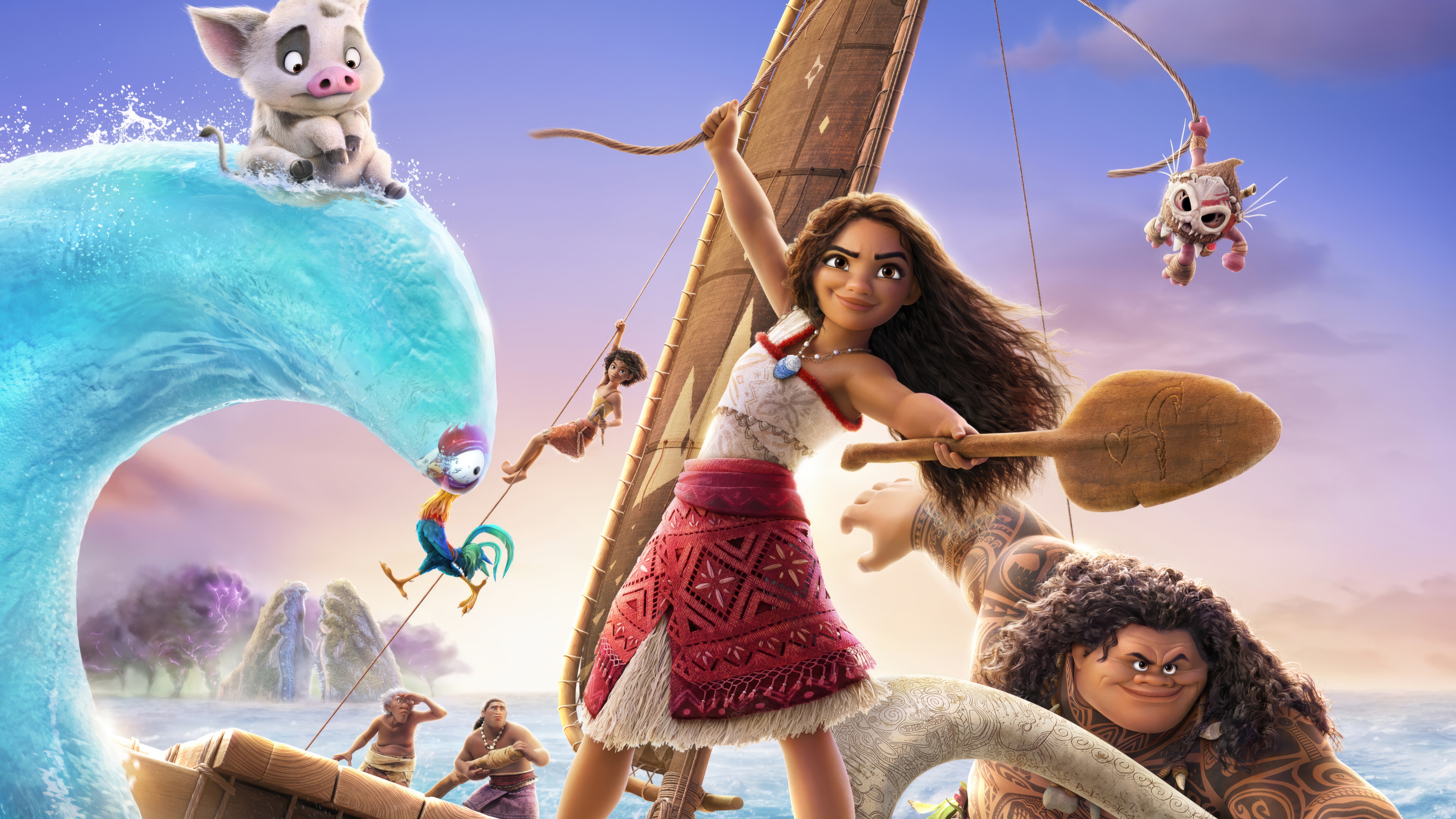 Moana, Maui, Heihei, and Pua on a boat HD Wallpaper